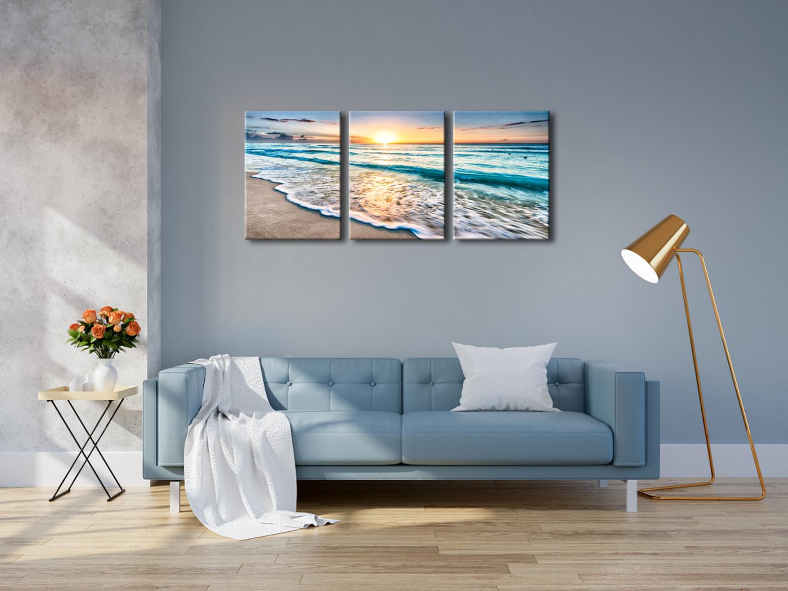 3 Panels Blue Beach Sunrise White Wave Pictures Painting on Canvas Wall Art