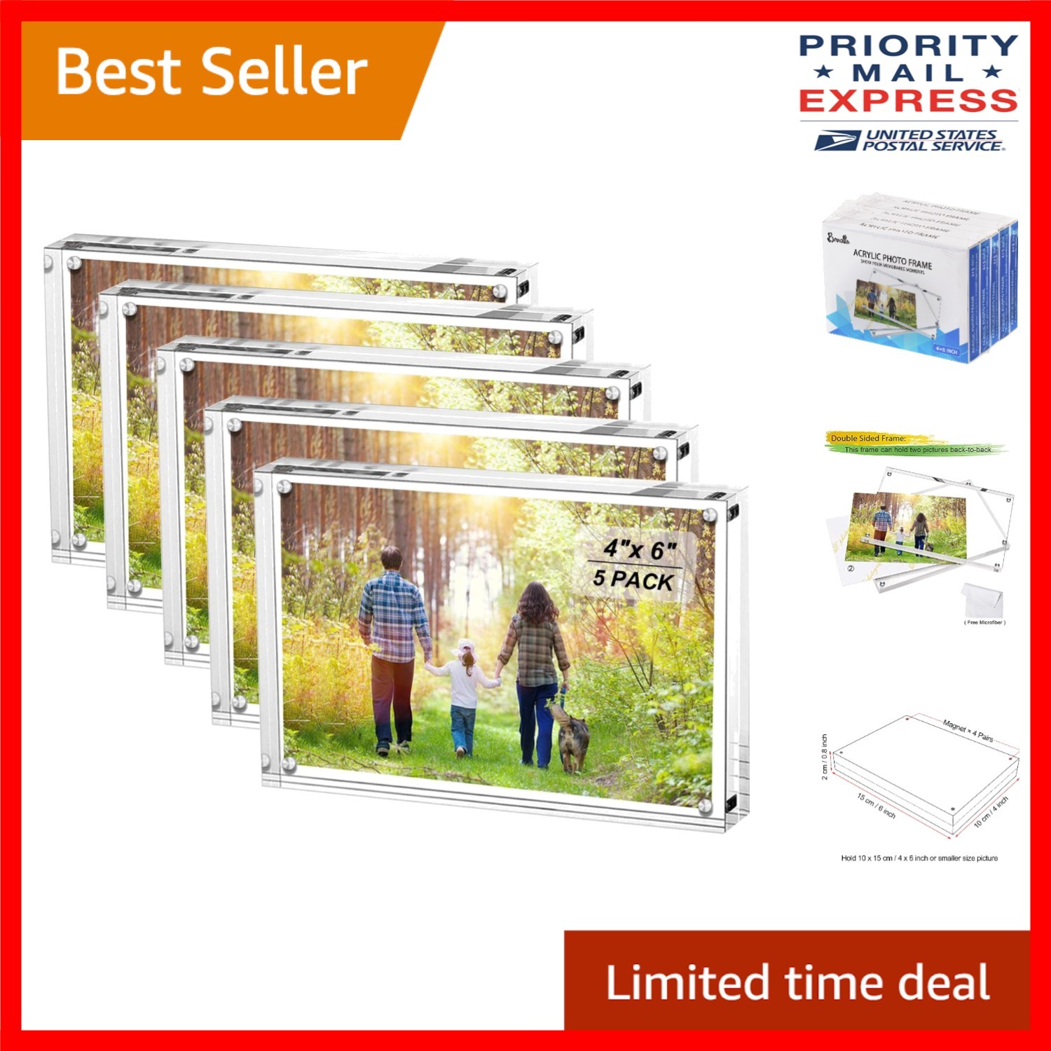 Versatile 4×6 Double-Sided Acrylic Photo Frames – 5 Pack with Strong Magnets