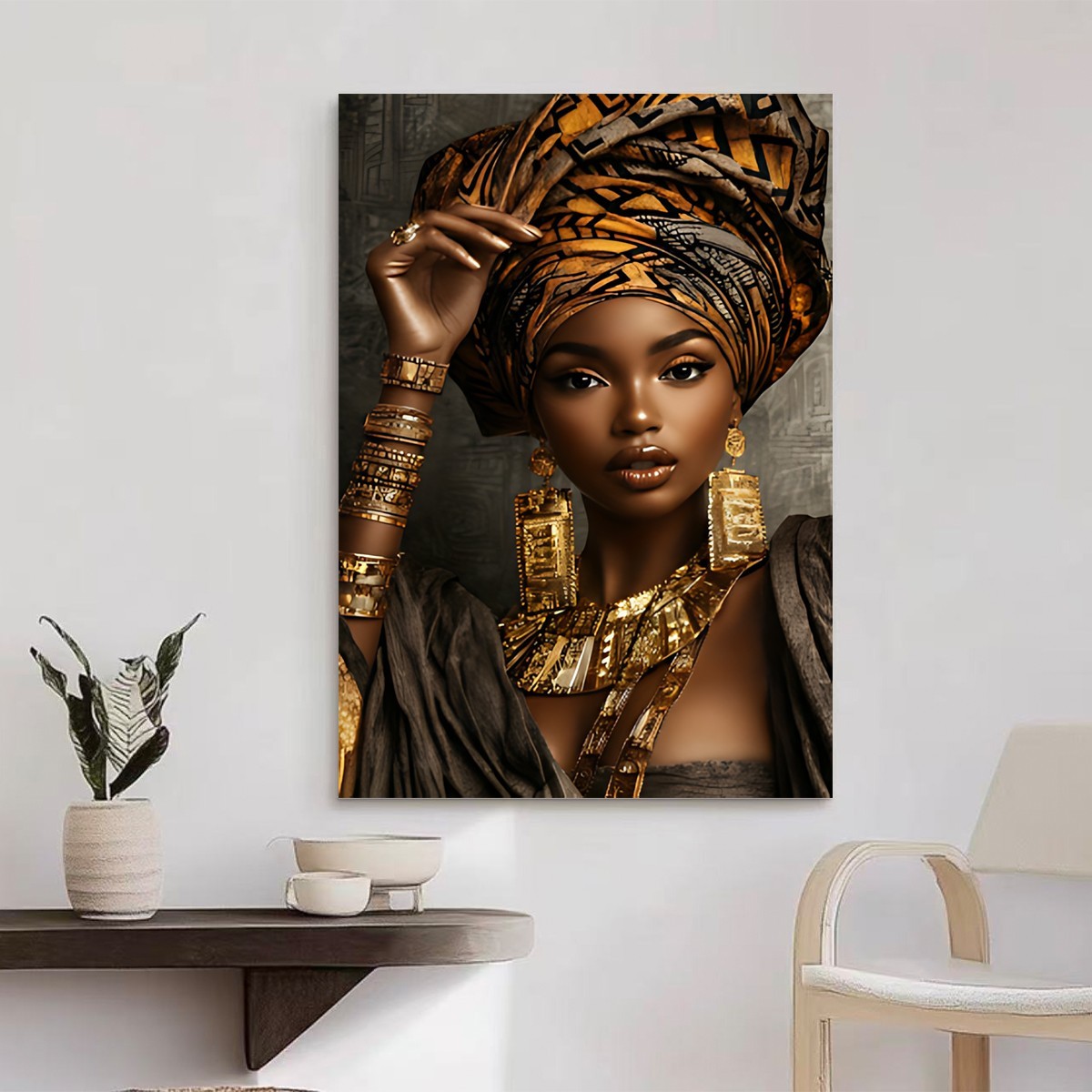 African Queen Canvas Art Black Woman Gold Jewelry Custom Print Personalized Gift