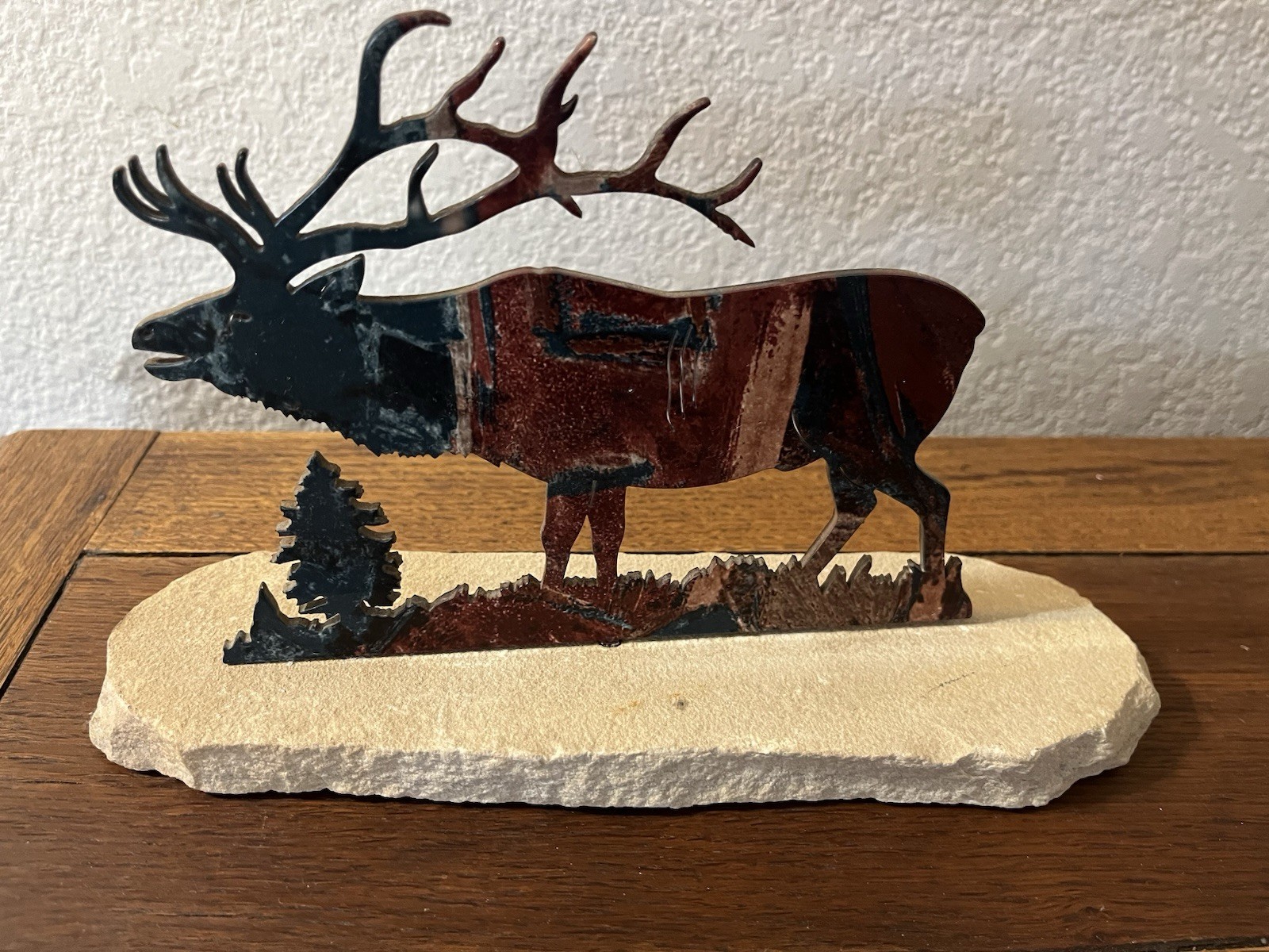 Rustic Metal Elk Sculpture on Stone Base Cabin Lodge Decor Deer Wildlife