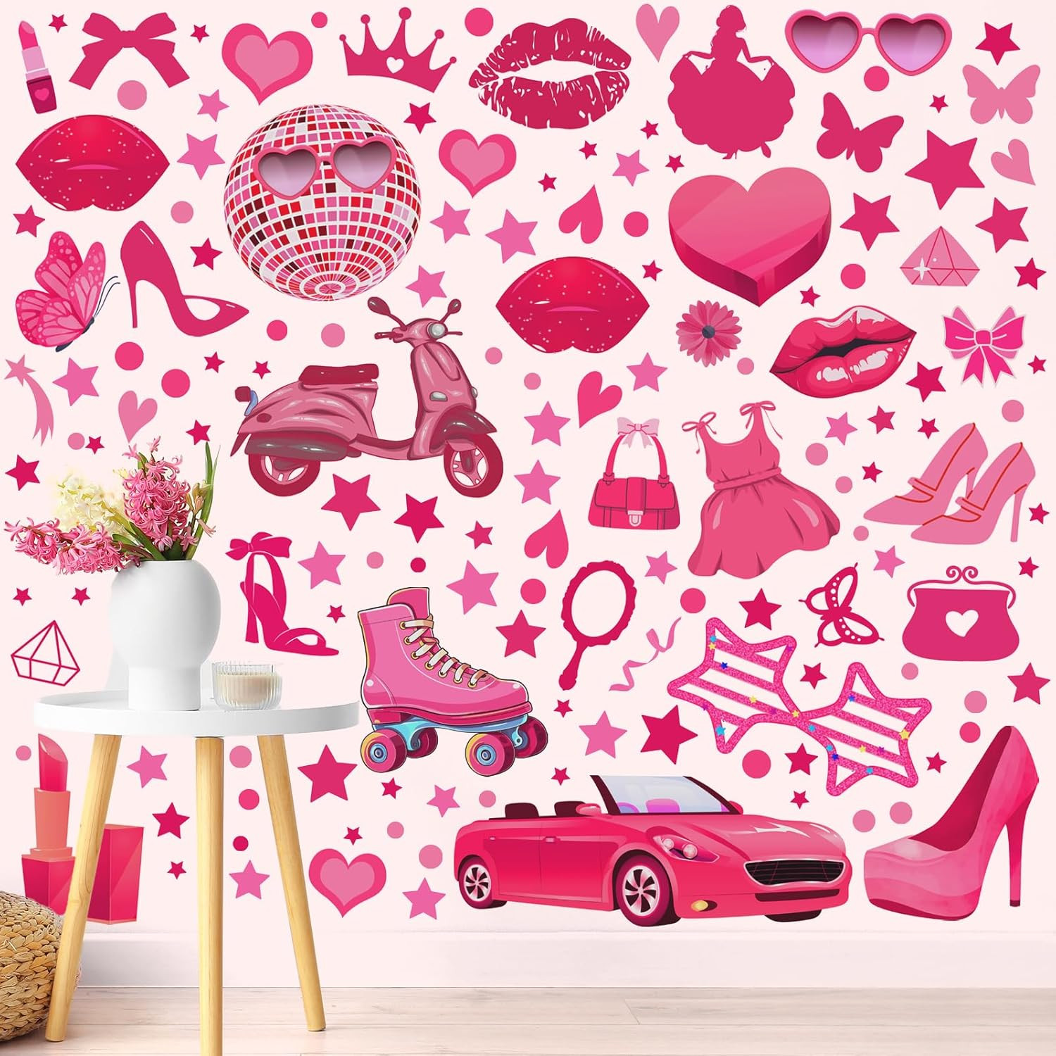 116 Pcs Hot Pink Girl Wall Stickers, Doll Lip Heart Room Decor for Girls Bedroo