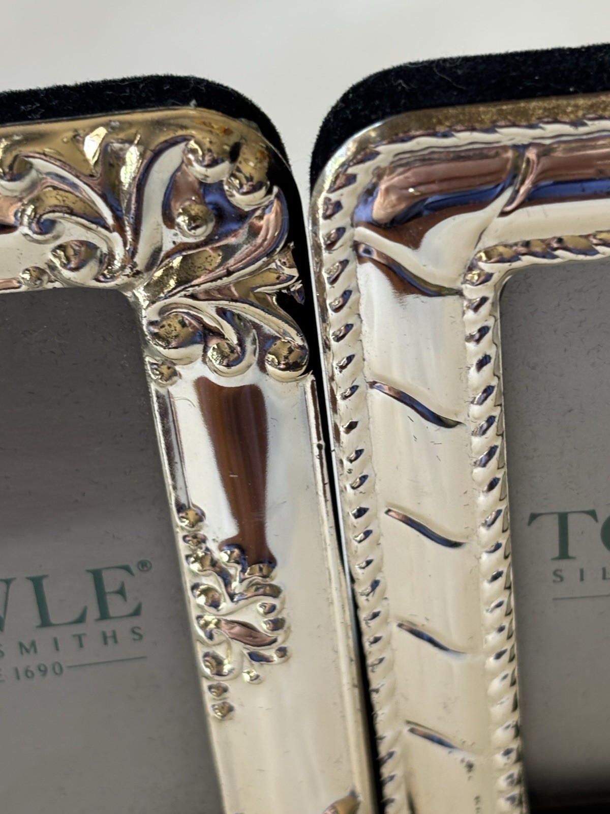 3 Mini 3x4in TOWLE Silversmiths Decorated Frames Black Velvet Back w/ Easl New