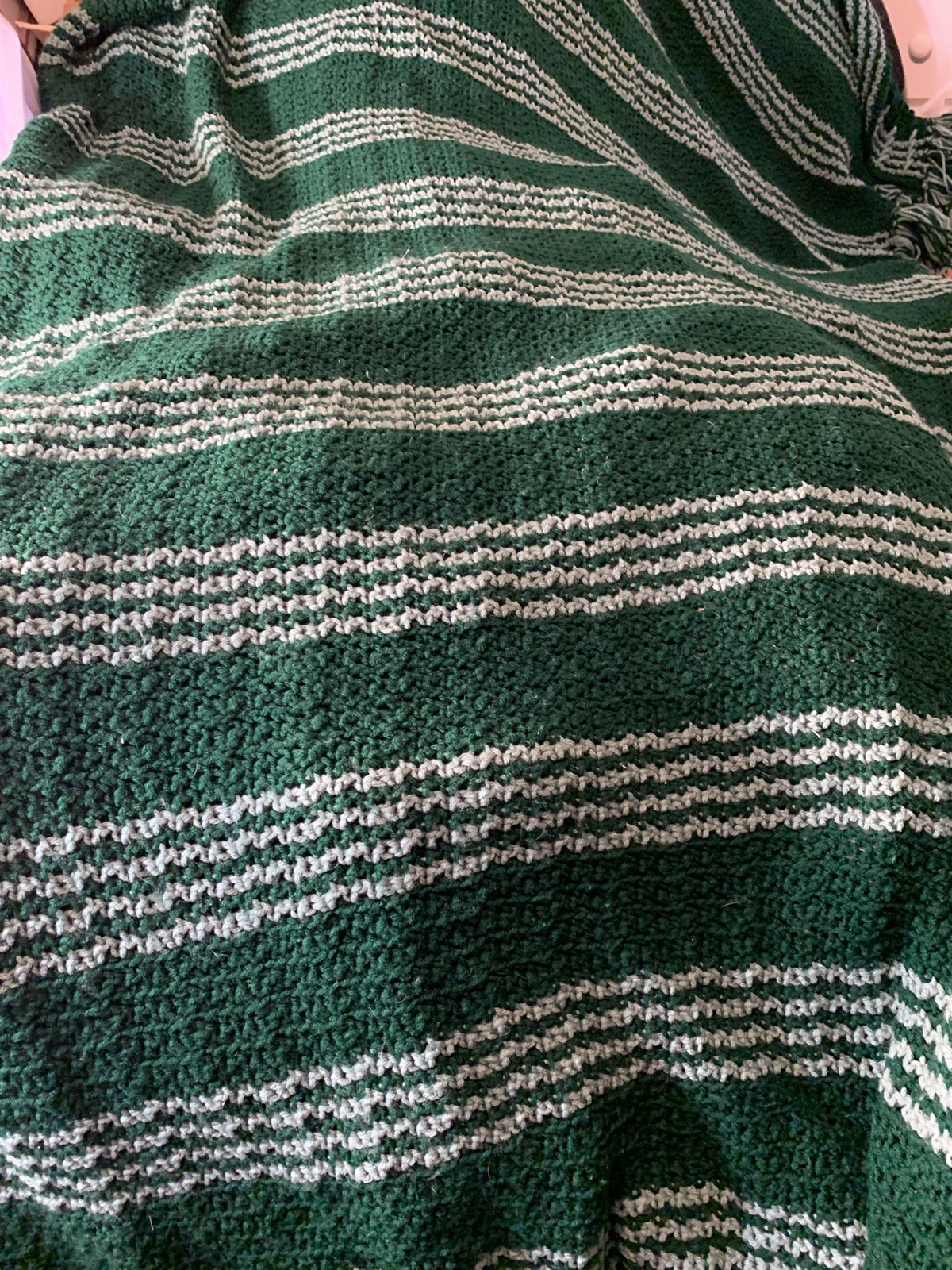 Vtg Handcrafted Crochet Knitted Afghan Throw Blanket Green White 94” X 78”