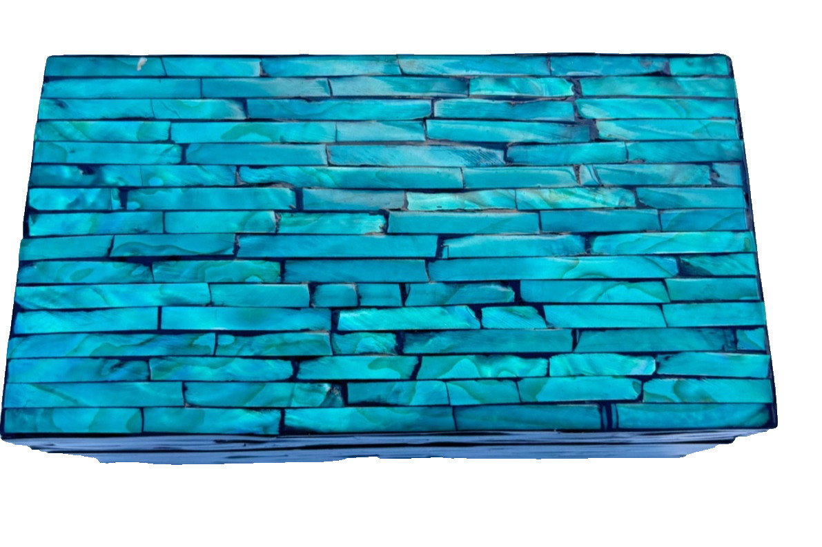Turquoise Teal Shell Mosaic Jewelry Box Hinged Trinket Keepsake Coastal Decor