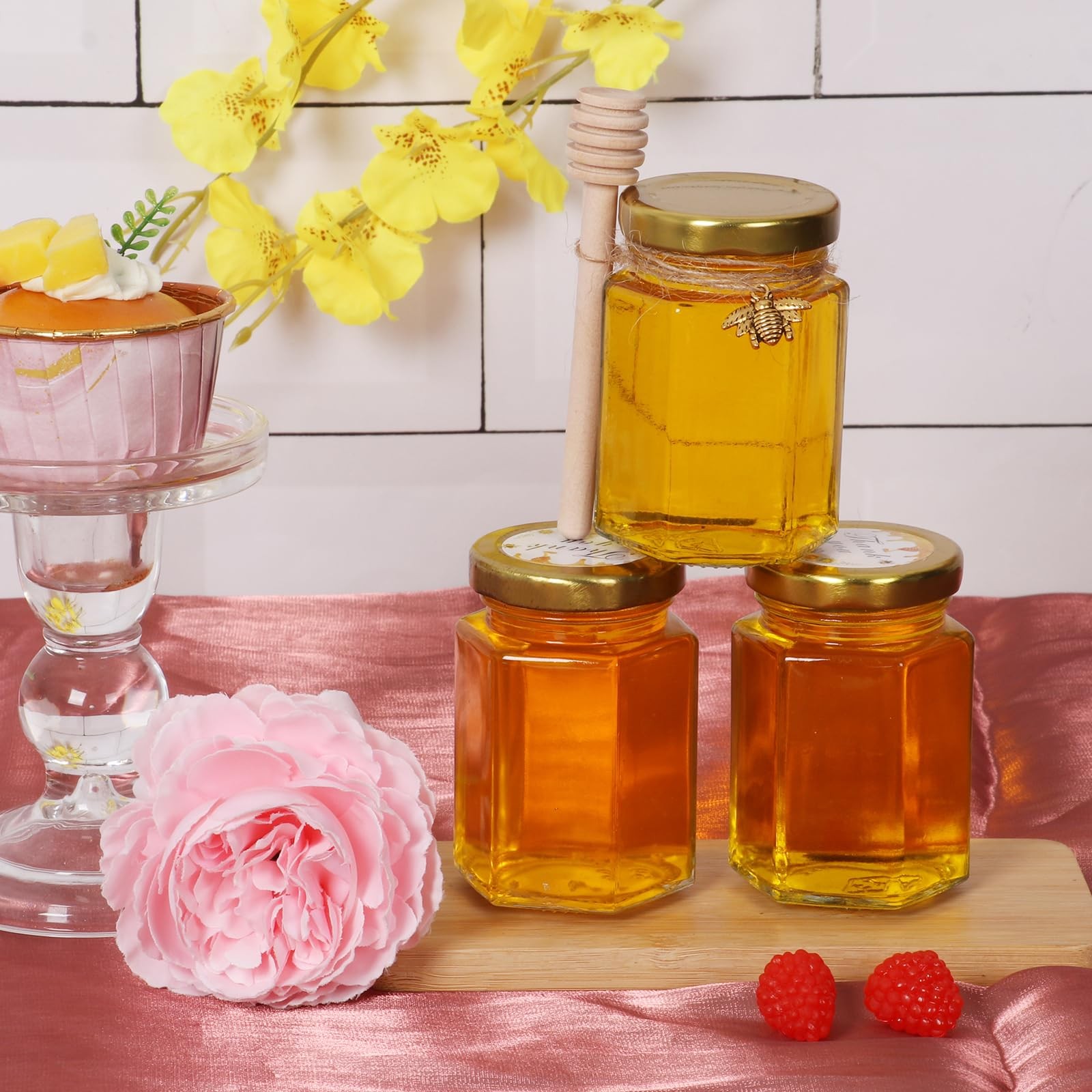 BIGIVACA 4 oz Hexagon Mini Glass Honey Jars with Wood Dippers,30 4 oz-30 pack