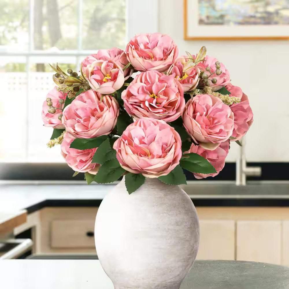 18 In. Red Orange Artificial Cabbage Rose Flower Stem Bush Bouquet (Set of 2)