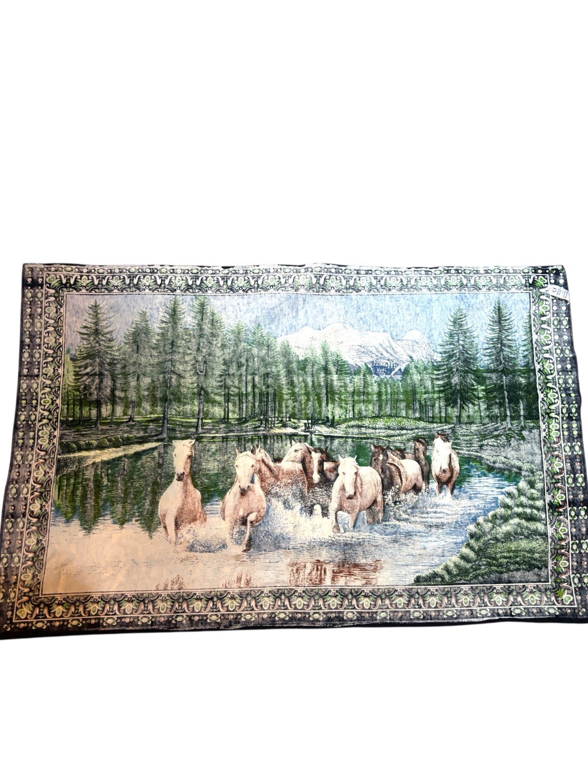 RJ Wild Horses Run 100% Cotton Tapestry Forest Mountain Scene 51.5×33.5