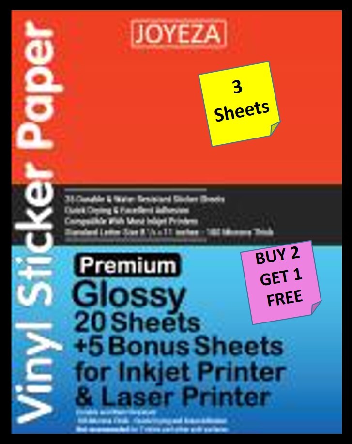 [3 Sheets] JOYEZA Glossy Vinyl Sticker Paper 8 1/2″ X 11″ INKJET/LASER B2G1