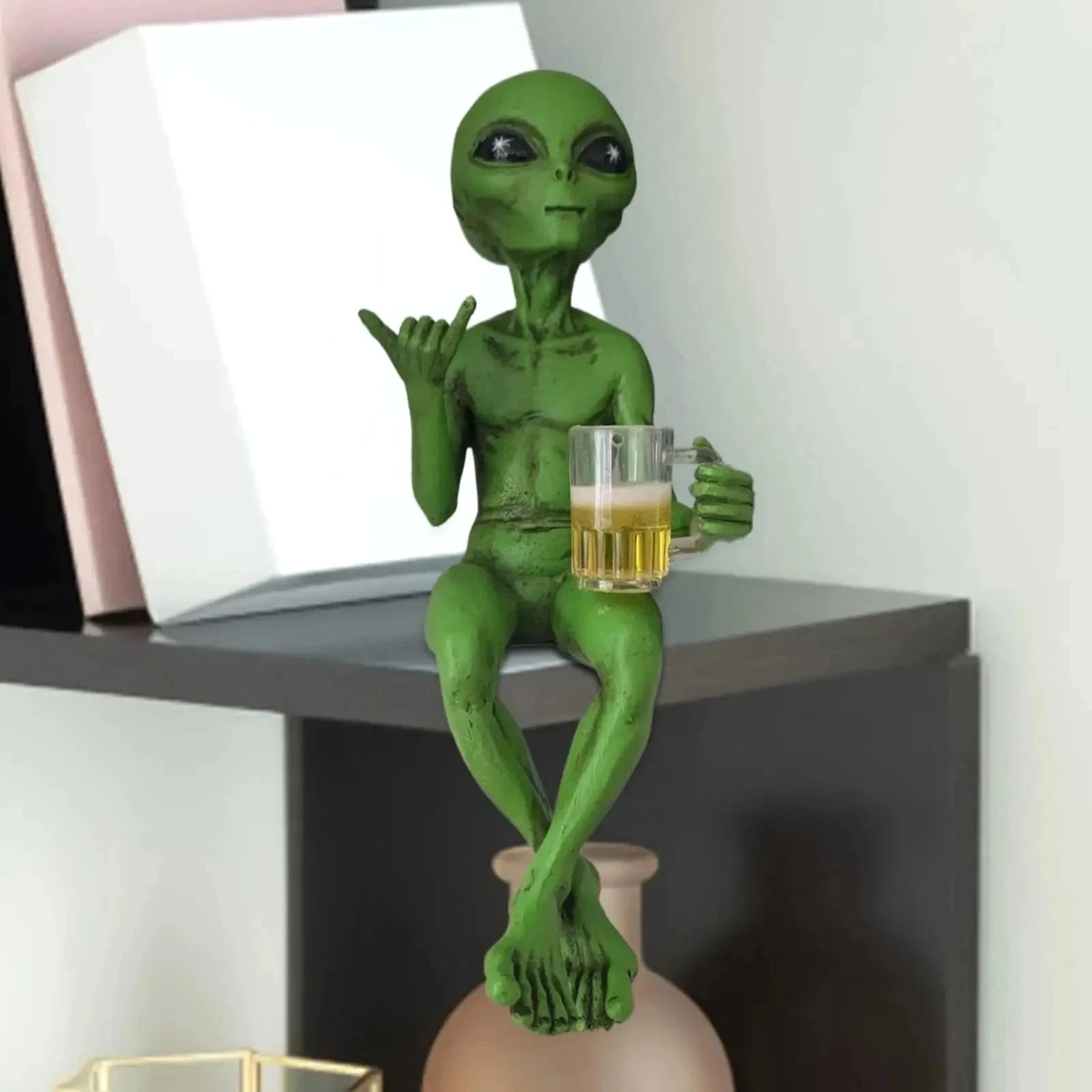 Alien Statue Drinking Beer Resin Sculpture Funny Desktop Decor Gift