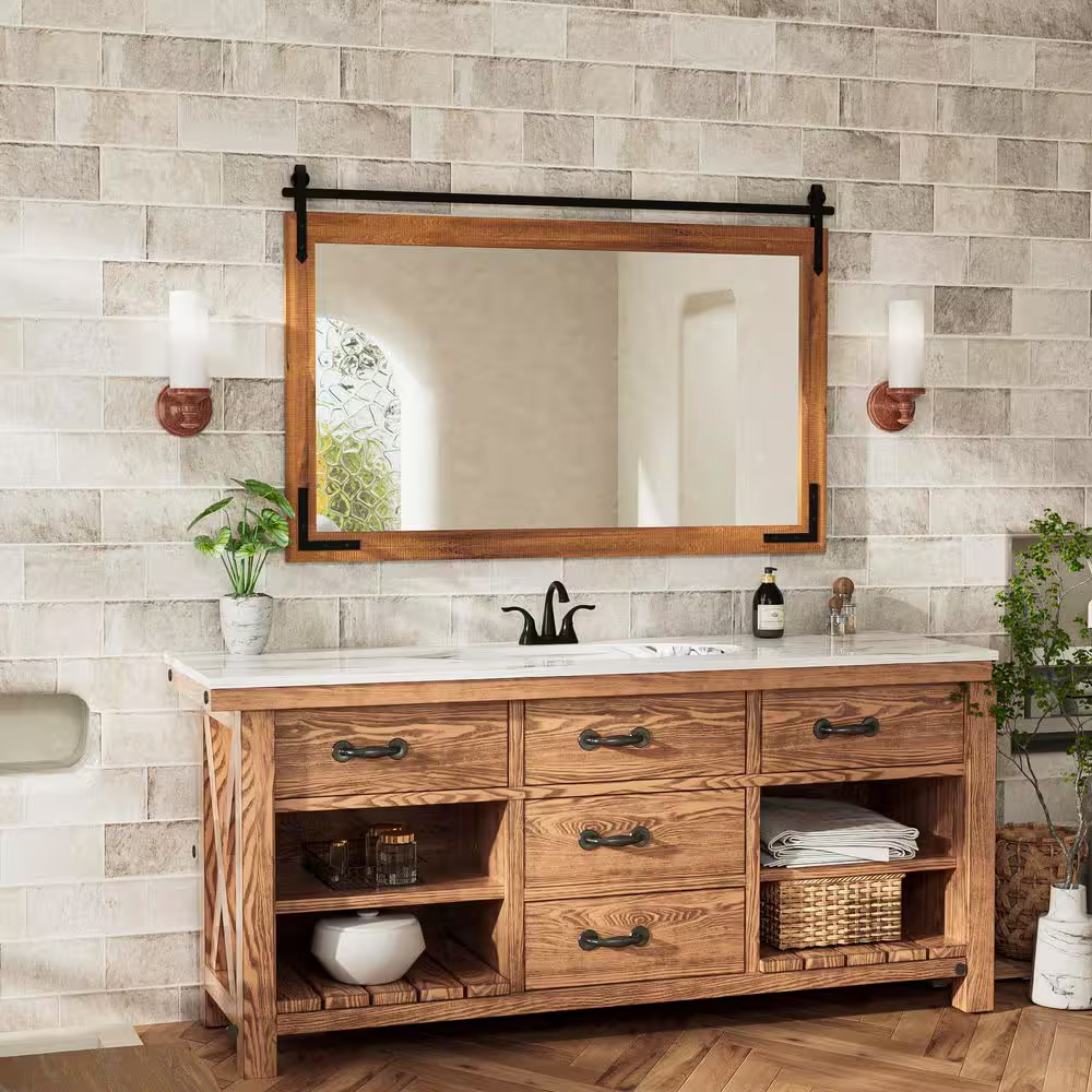 45 In. W X 30 In. H Rectangular Barn Door Brown Mirrors Wood Framed Mirror Farmh
