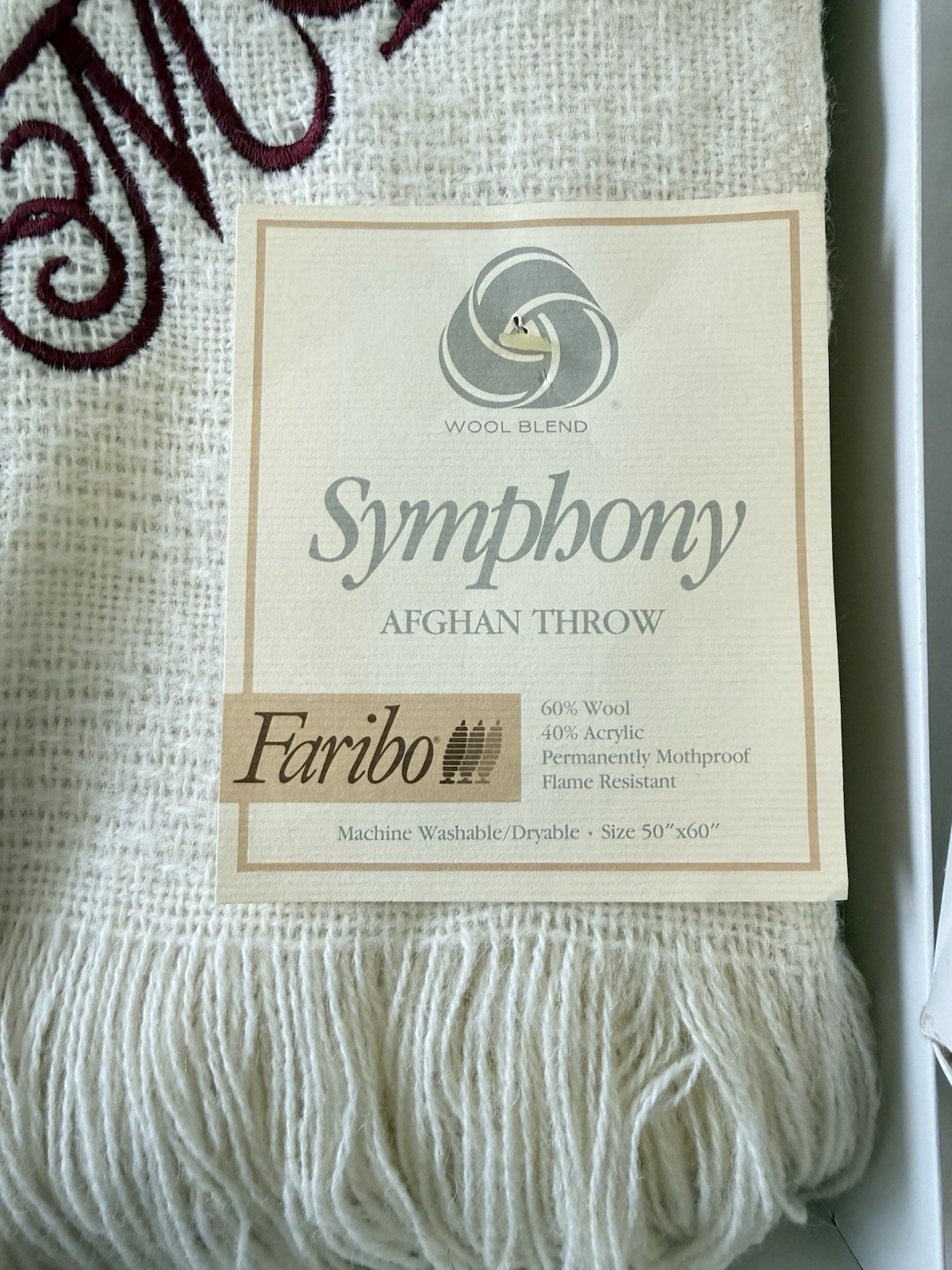 Faribo | VTG Symphony Ivory Fringed Throw | 50×60” Embroidered Initials “PMD”