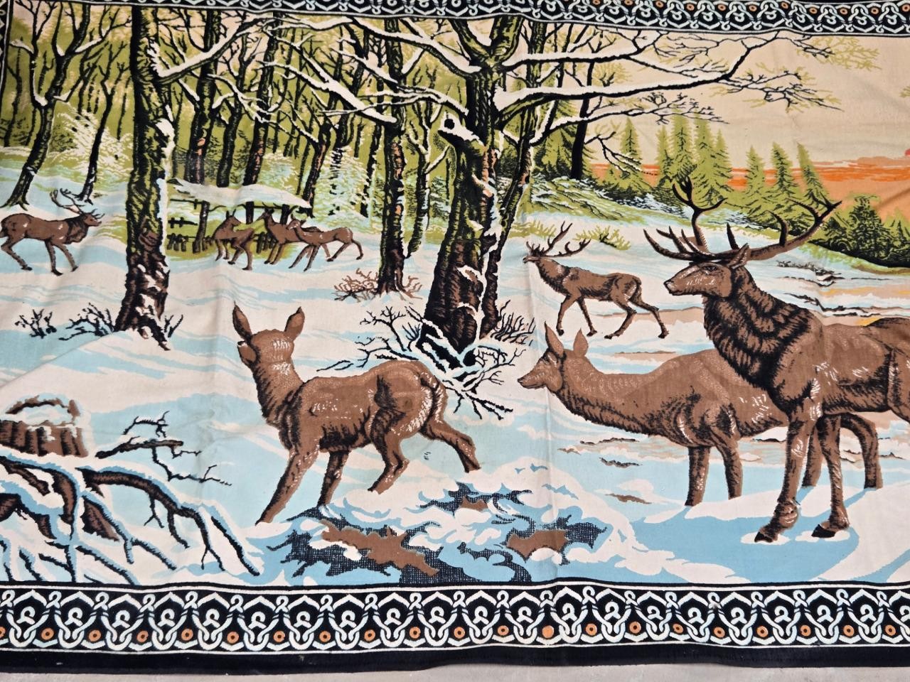 Vintage Turkey Made Deer Tapestry Winter Scene 100% Cotton