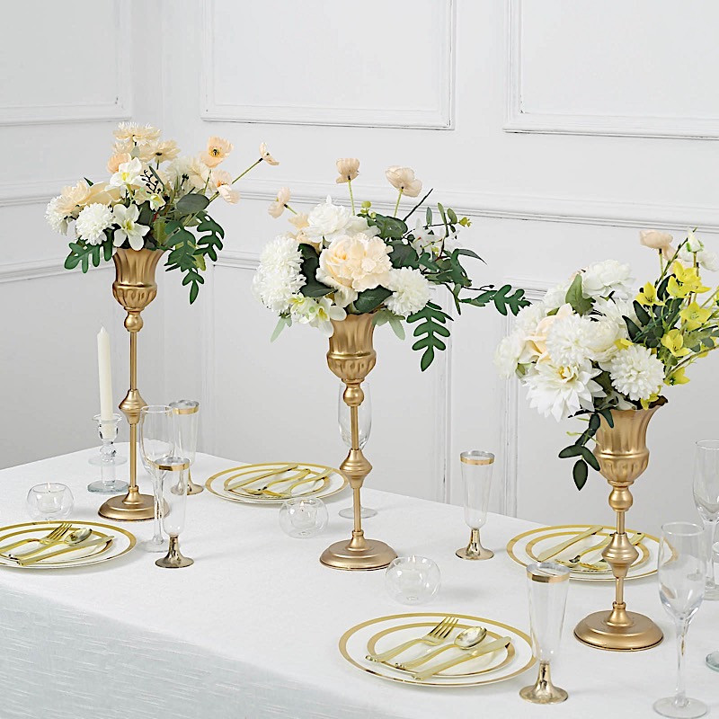3 GOLD Metal Flute Trumpet Flower VASES Centerpieces Party Events Decorations