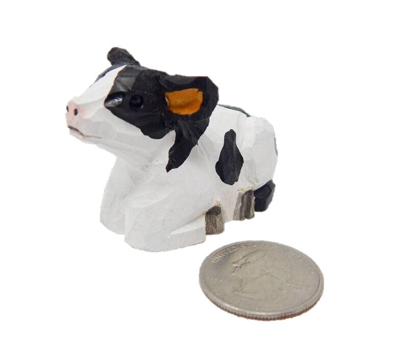 Cow Wood Handmade Figurine Statue Small Art Sculpture Decor Mini Farm Country