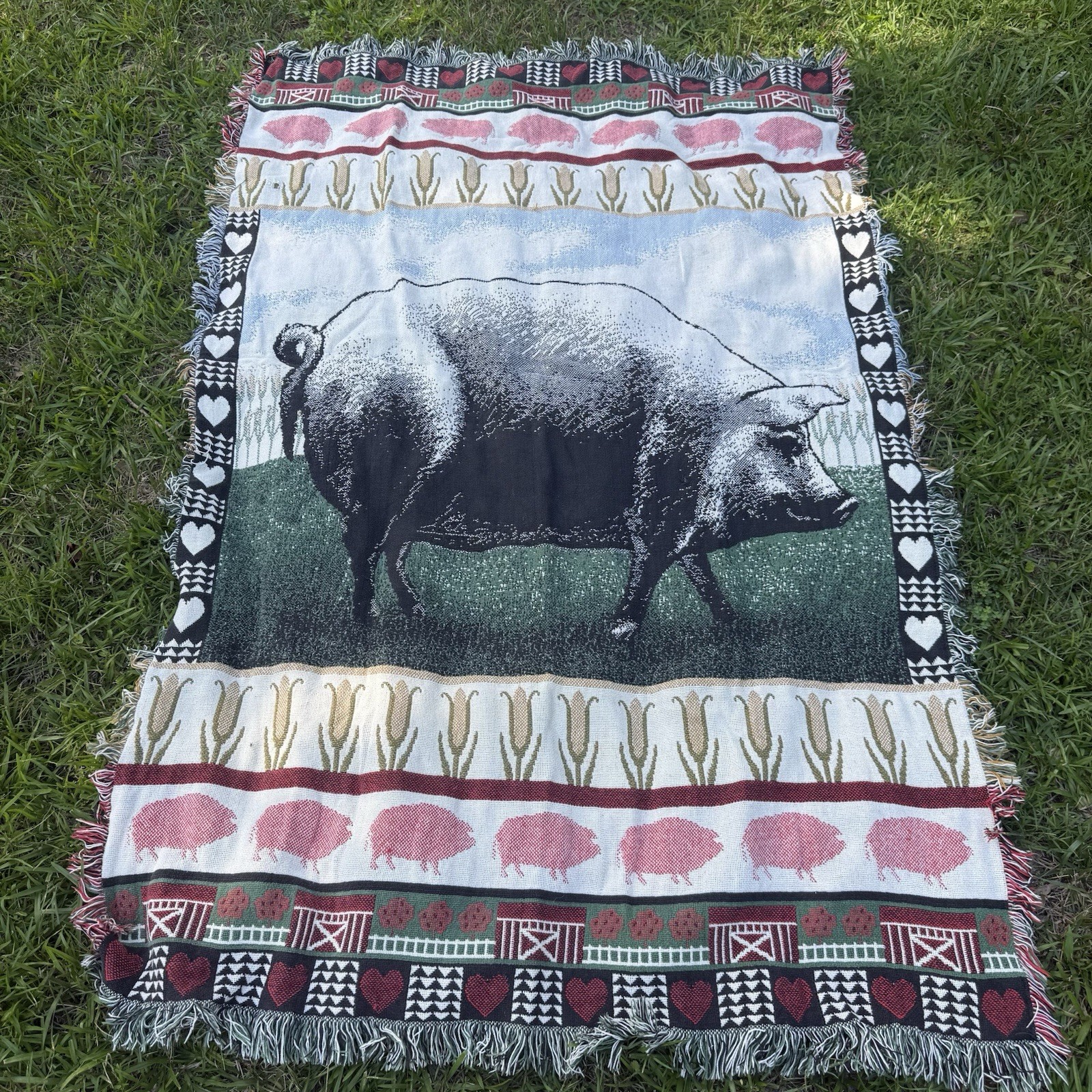 Farm Animal Pig Fringed Throw Woven Tapestry Blanket Corn Bacon Country Cottage