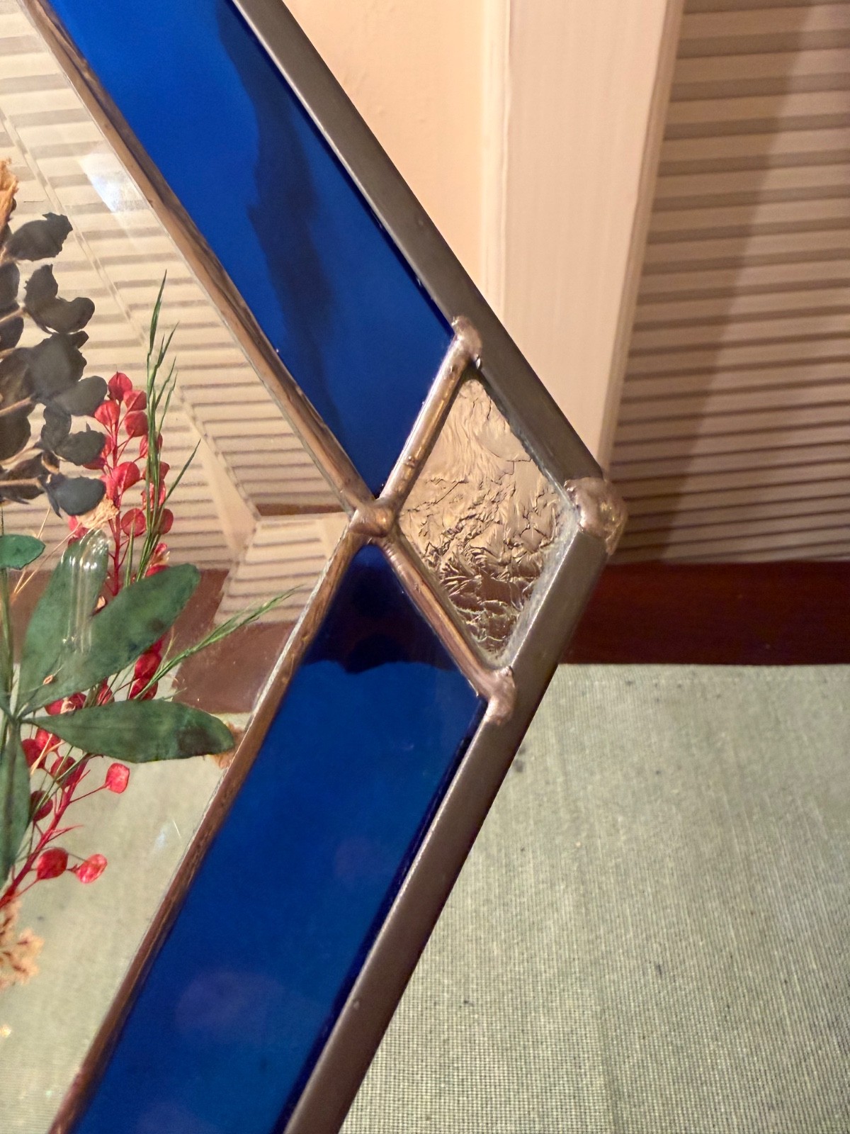 Vintage Diamond Shaped Suncatcher w/Pressed Flowers Colbalt Blue 12″x7″