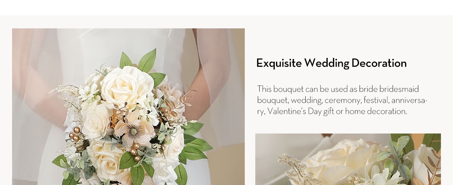 9.8 Inch Wedding Bouquets for Bride Bridesmaid, Champagne Rose Bridal Bouquets