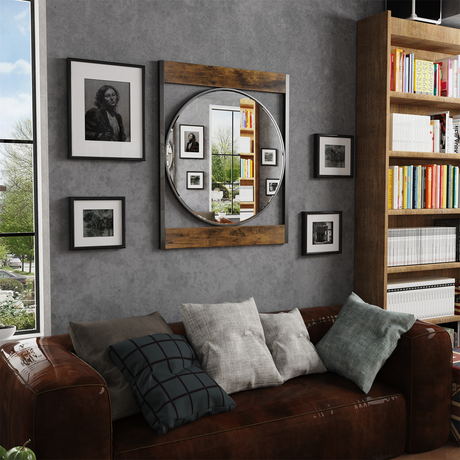 Farmhouse Wood Frame Round Bathroom Mirror 30 in Wall Hanging Accent Mirror