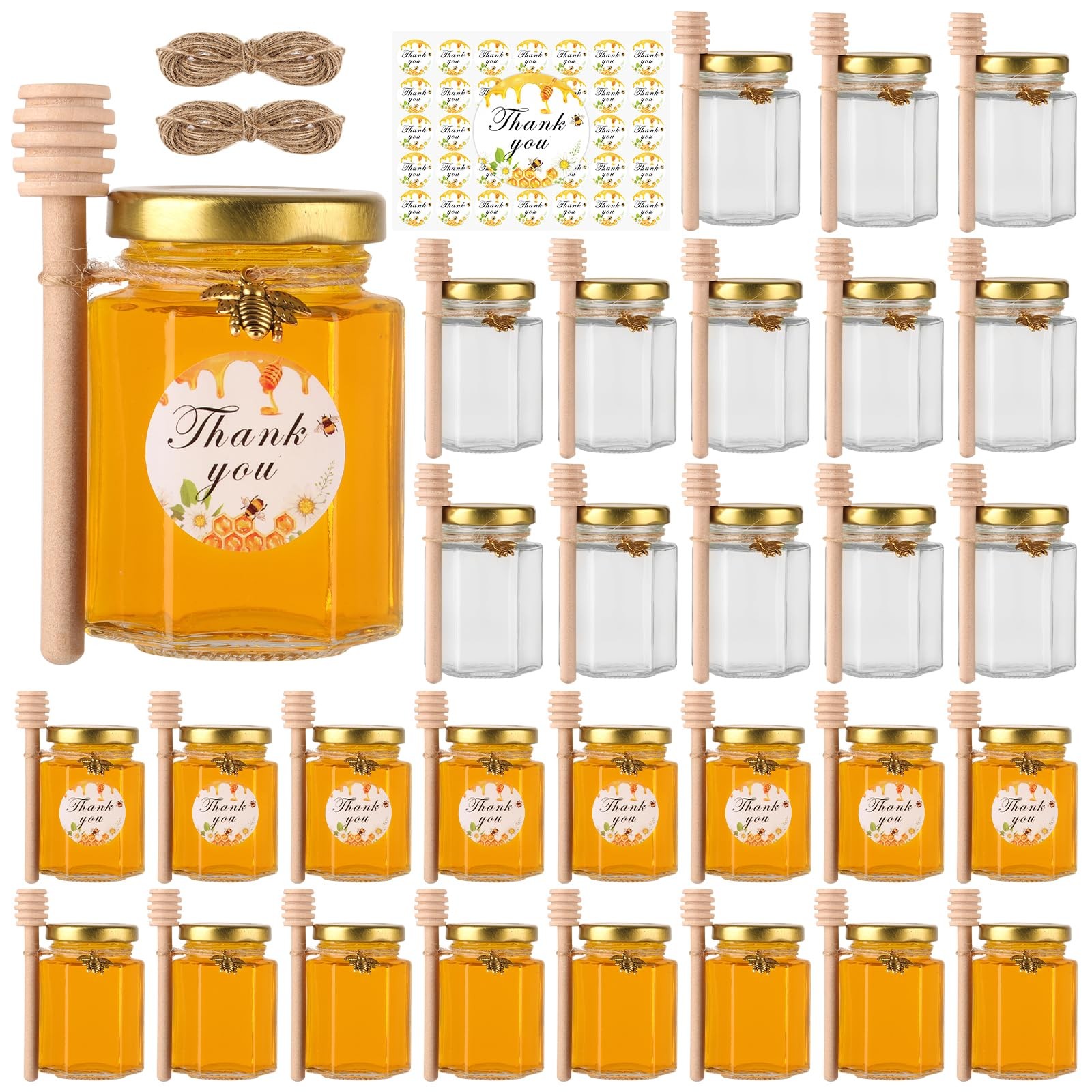 BIGIVACA 4 oz Hexagon Mini Glass Honey Jars with Wood Dippers,30 4 oz-30 pack