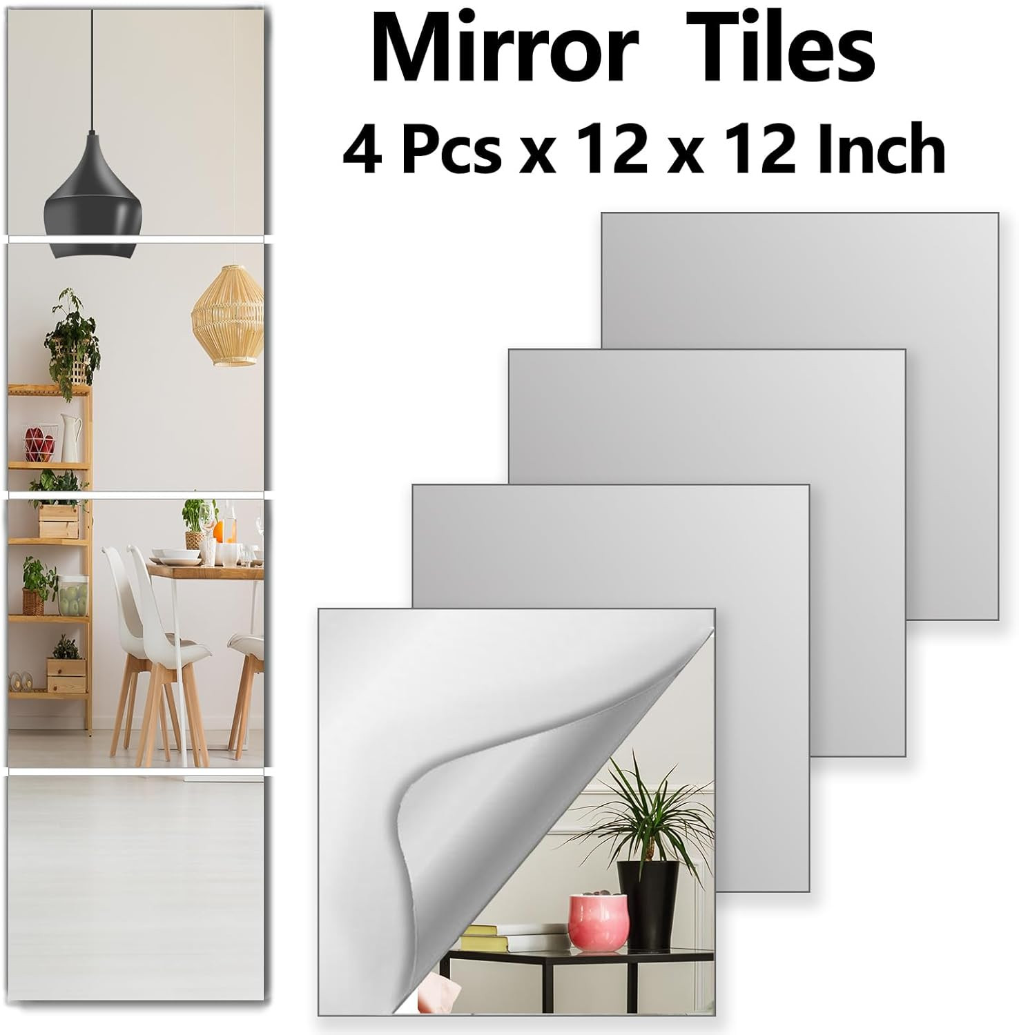 Full-Length Shatterproof Wall Mirror Set, 12×12 Inch, 4 Pcs, Safe for Kids