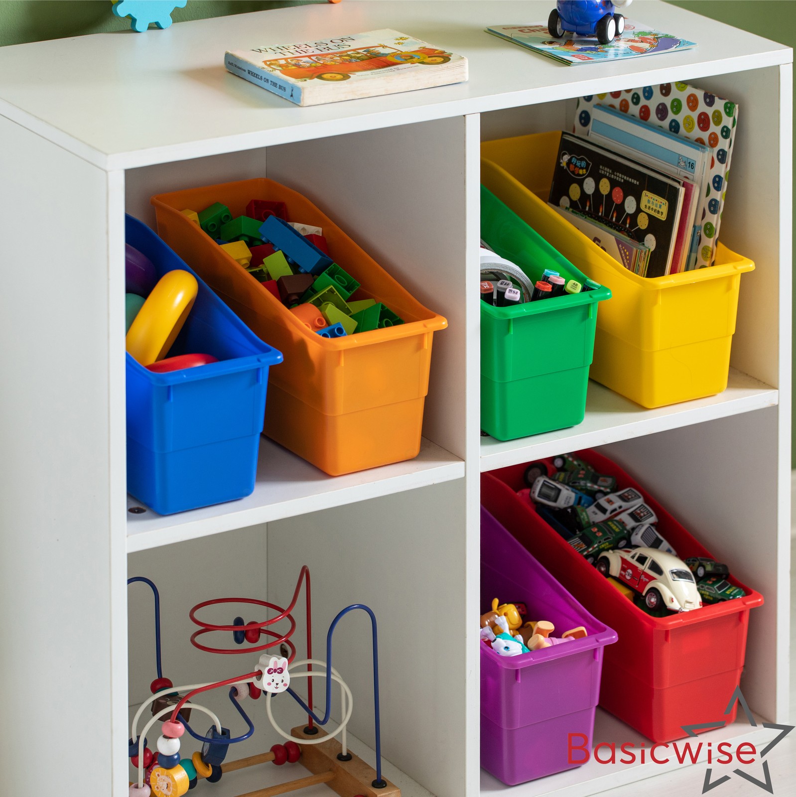 New Basicwise 6-pc Assorted Color Plastic Storage Bins Versatile Book Magazine