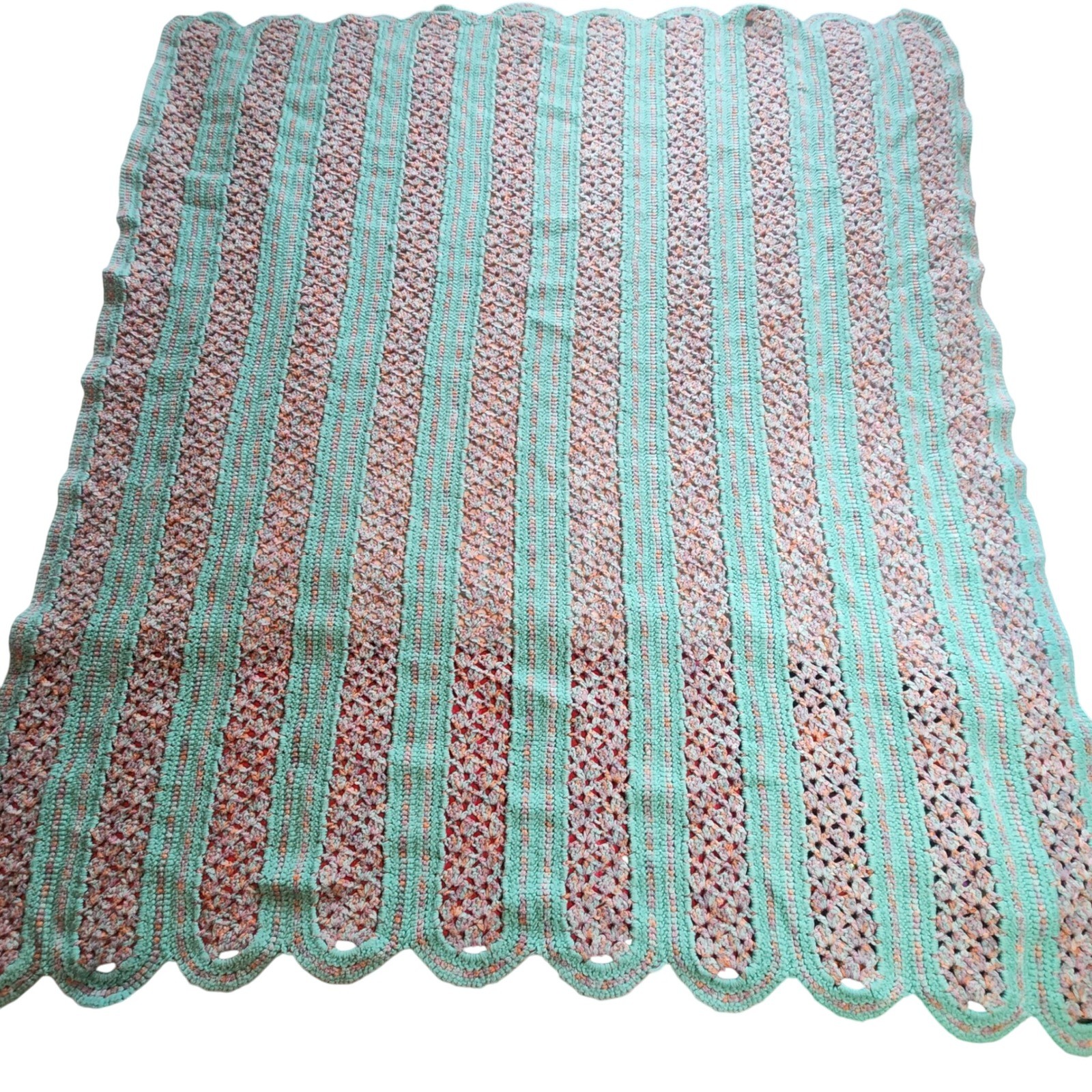 CROCHET Throw Blanket Afghan 48×60 Scalloped Teal Blue Cottagecore Grannycore
