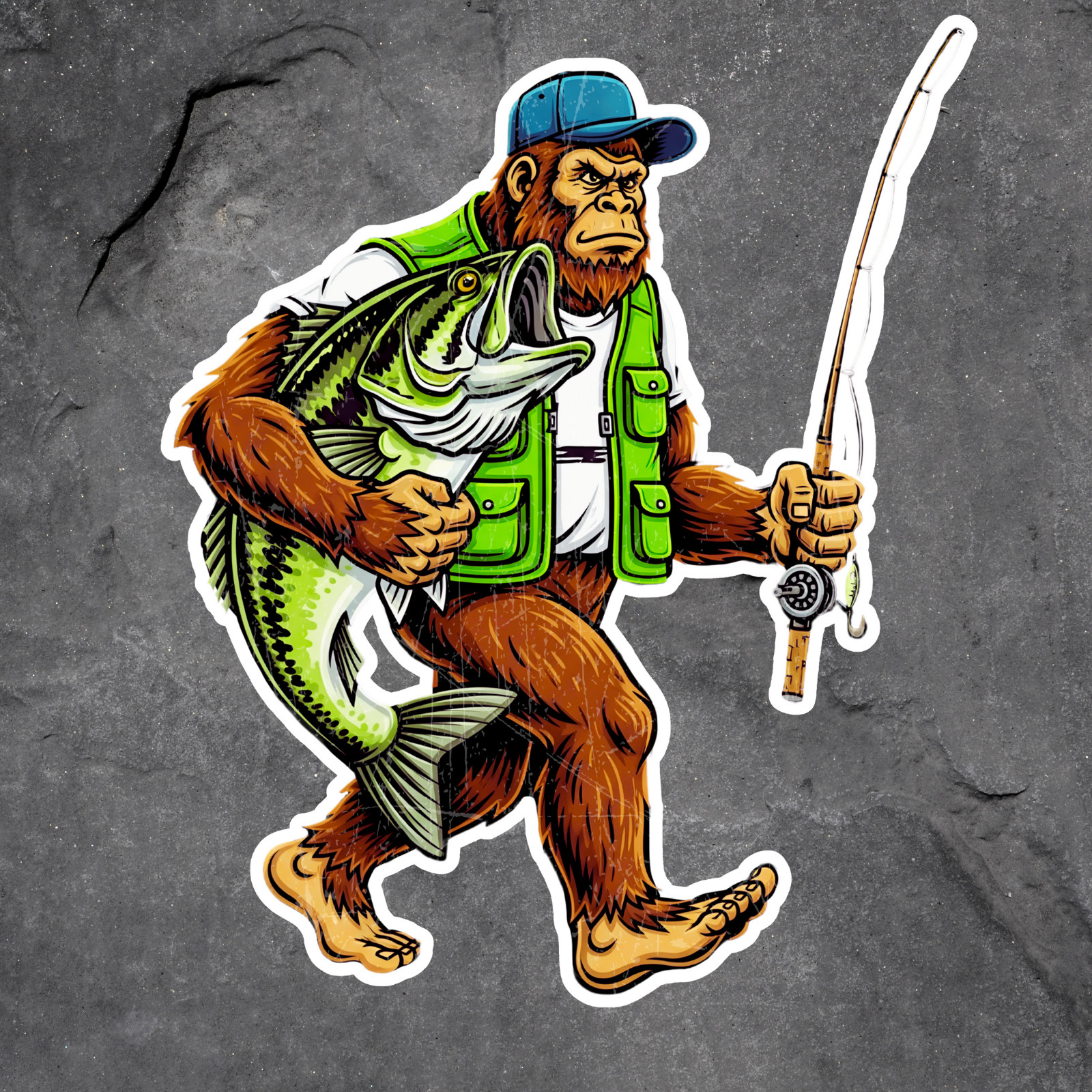 Bigfoot Fisherman Sticker Vinyl Decal Holding Bass Fishing Pole Funny Cartoon