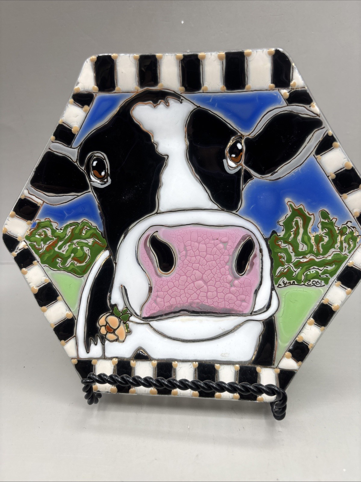 Art Glass Fused 7” Hexagon Trinket Dish Smiling Cow! Mint! Signed!