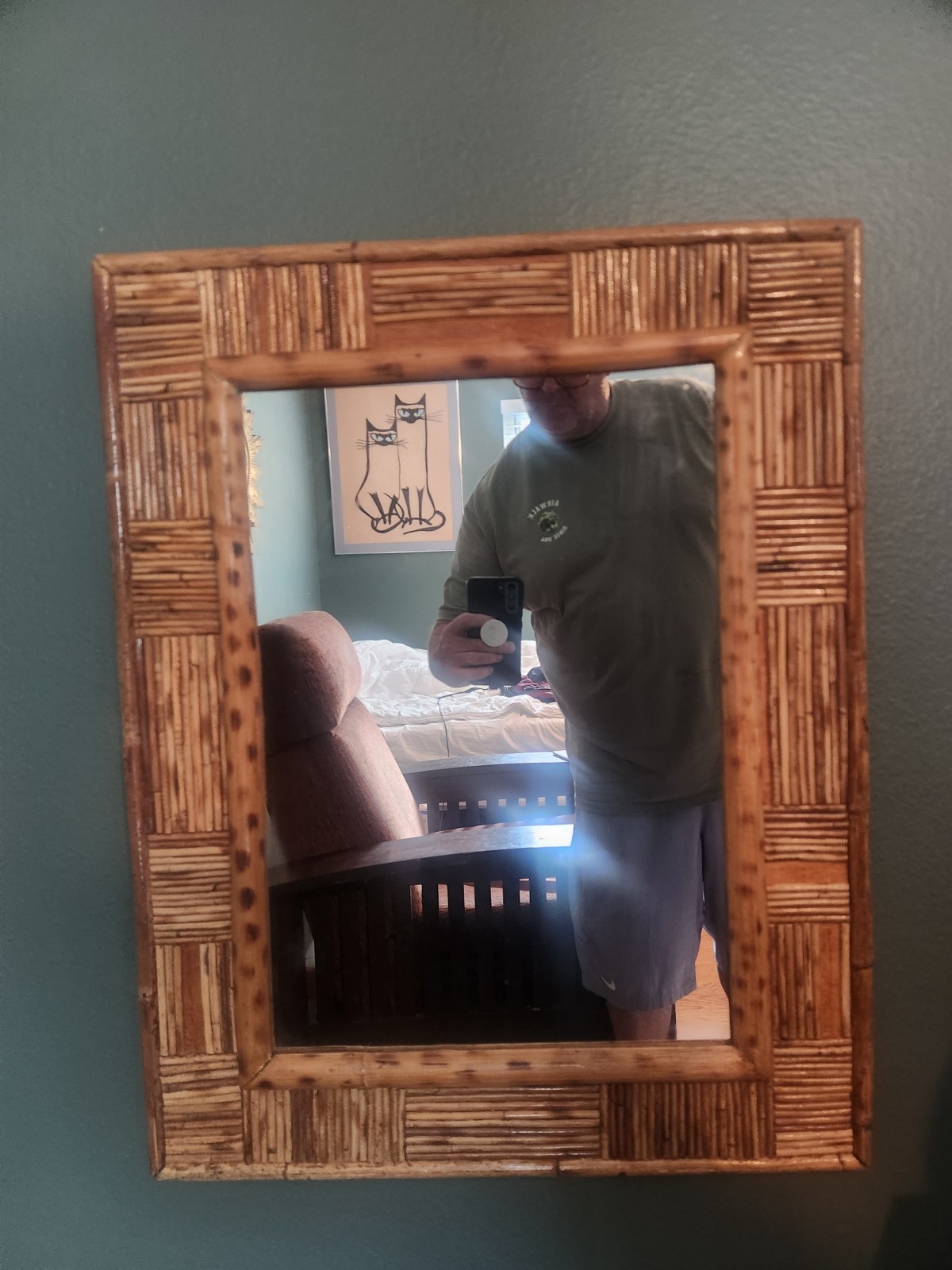 Vintage Coastal Boho MCM Tortoise Bamboo Rectangle Framed Mirror – 27” x 22”