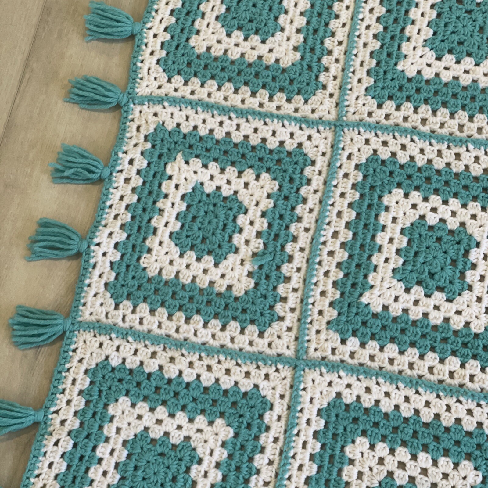 Vintage Blue & White Granny Square Crocheted Afghan Throw Blanket 72×43