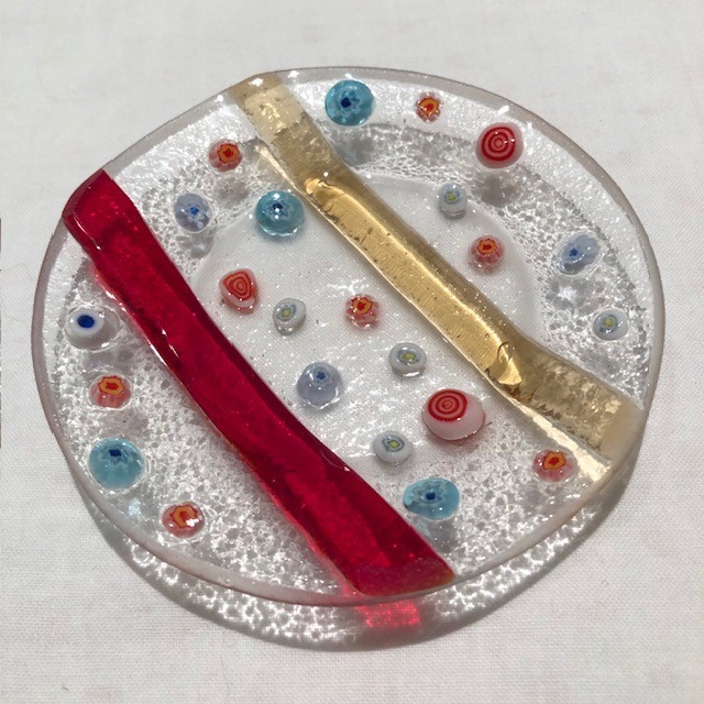 Fused Studio Art Glass Millefiori Trinket Dish Round 3.25″ Clear Stripes