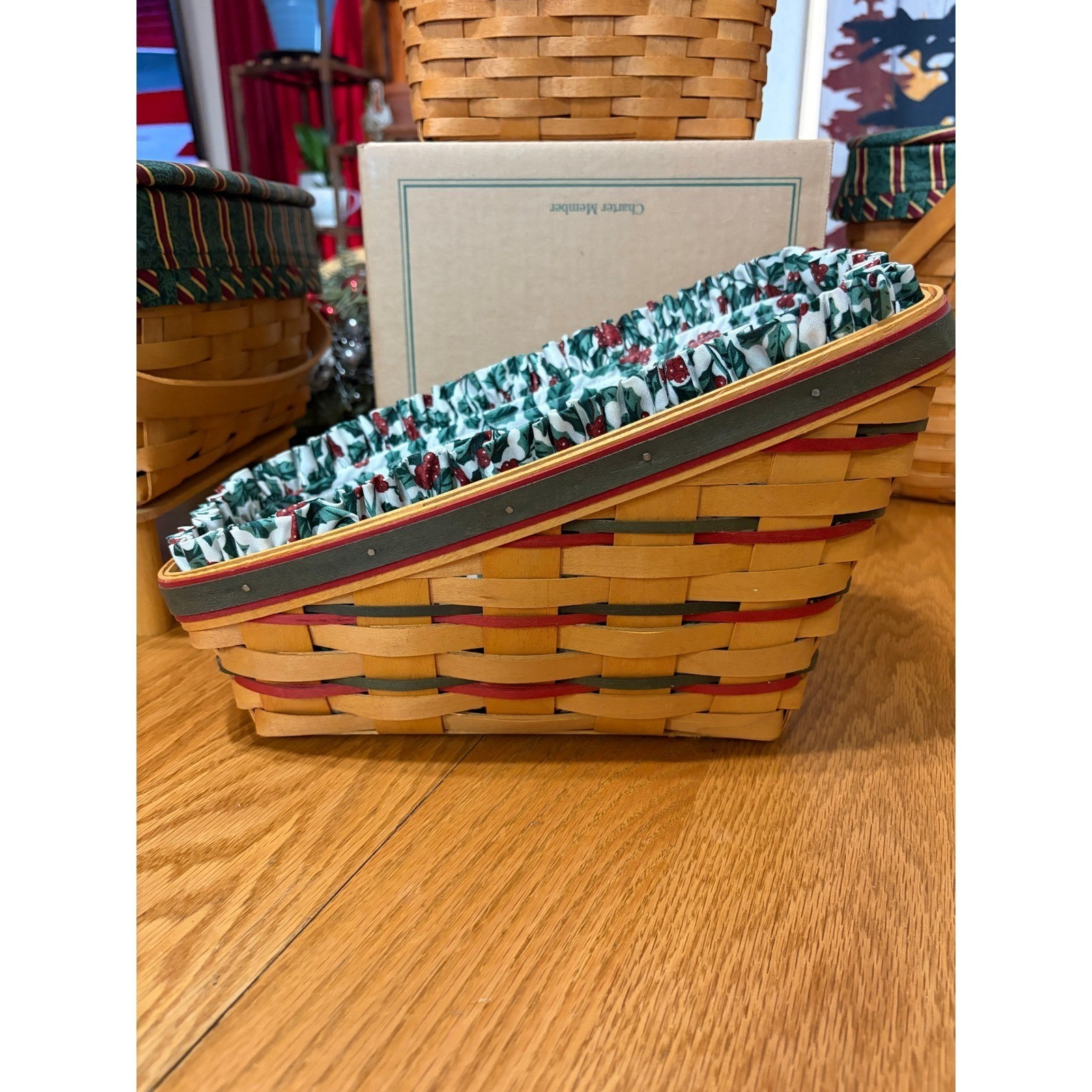Longaberger Christmas Sleigh Basket – Holly Liner – Red/Green Accent – Vintage