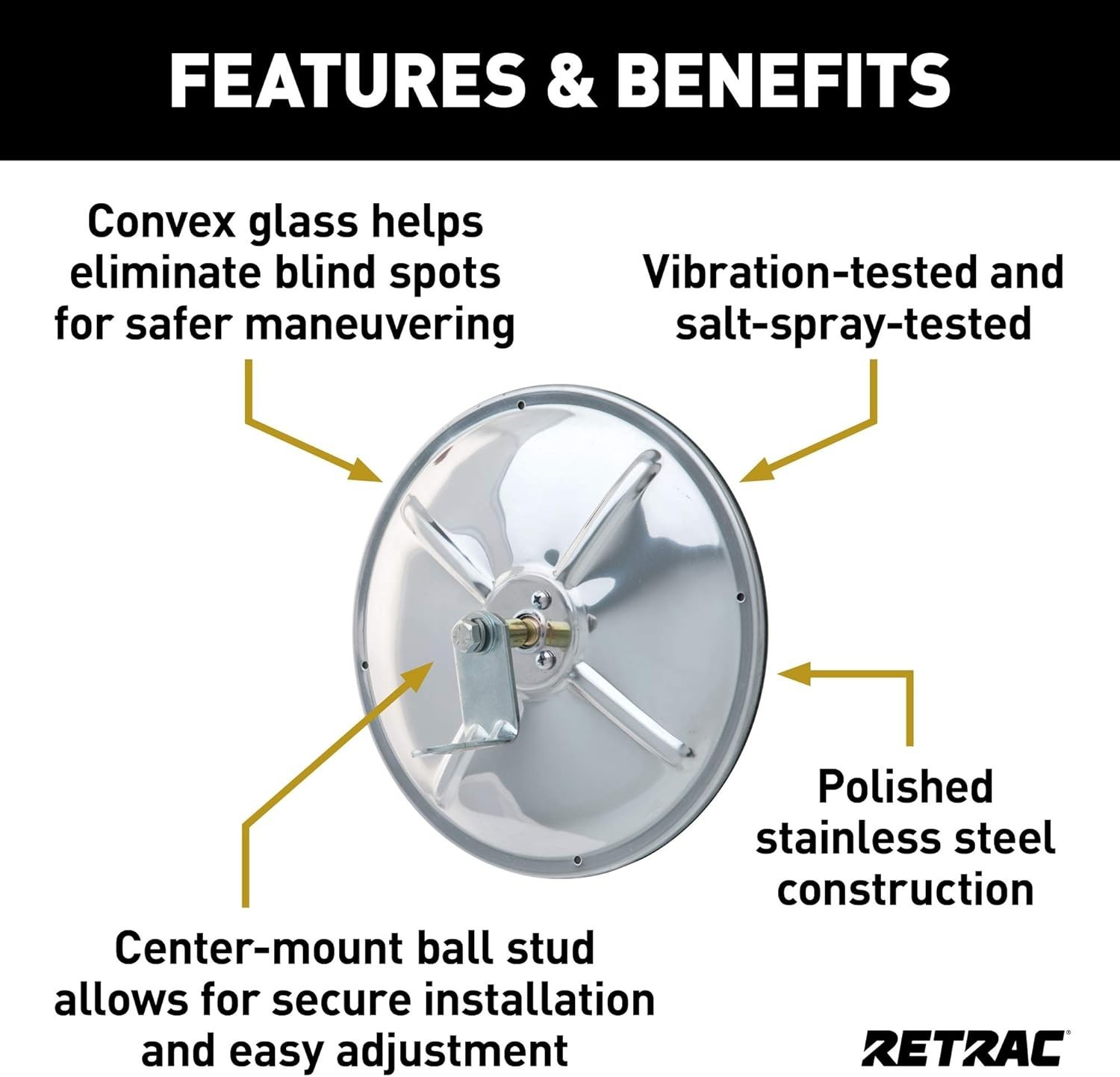 8-Inch Stainless Steel Convex Mirror Head with J-Bracket for Trucks & RVs