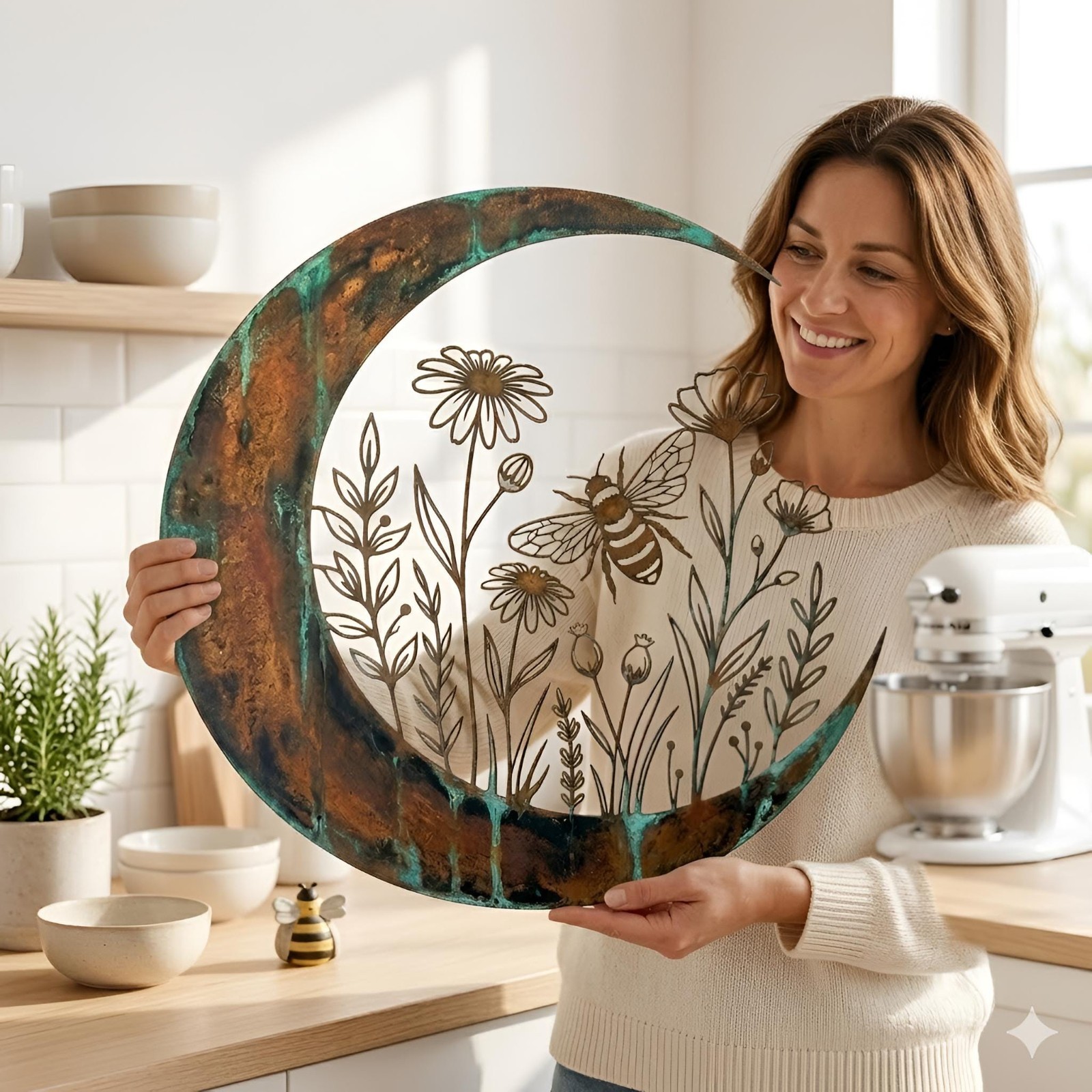 Metal Crescent Moon Wall Art, Floral Bee Metal Decor,Bee and Wildflower Decor