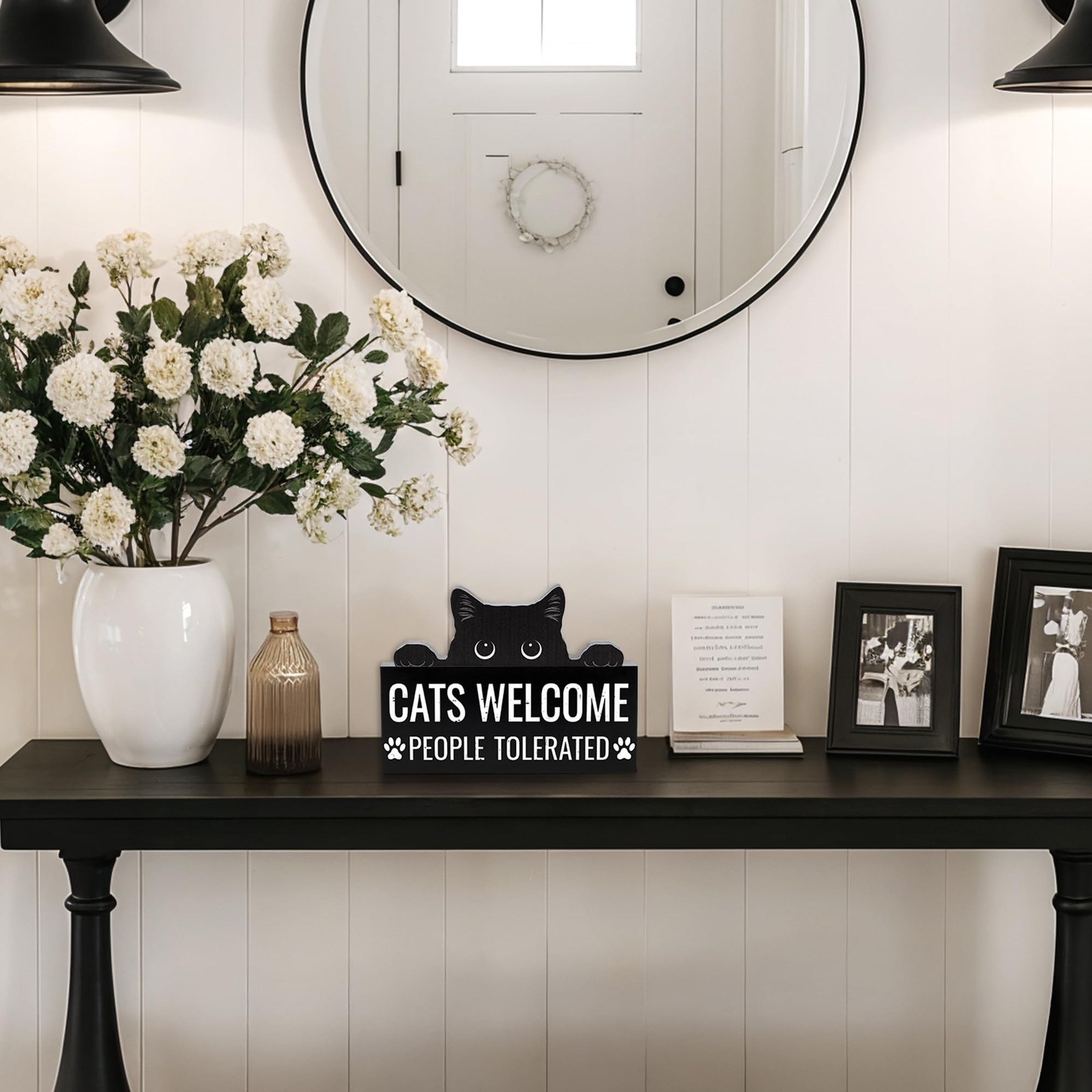 2 Pack Funny Cats Decor 9.1” × 3.9”, Wooden Cat Lover Gifts with Black &