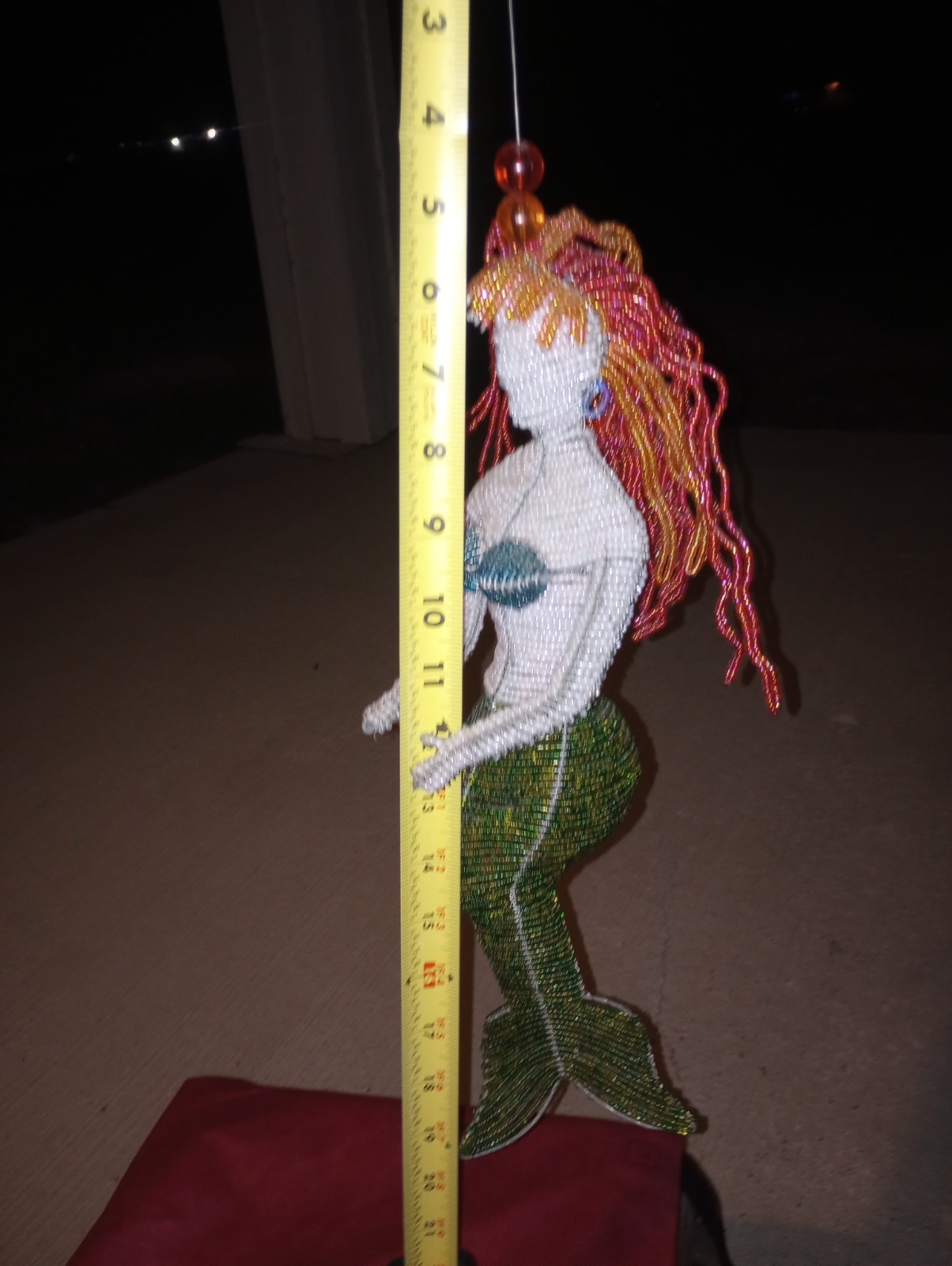 Beaded Mermaid Hanging Sculpture Red Hair 14″ VG Handmade 4.5″ Hanger Vintage