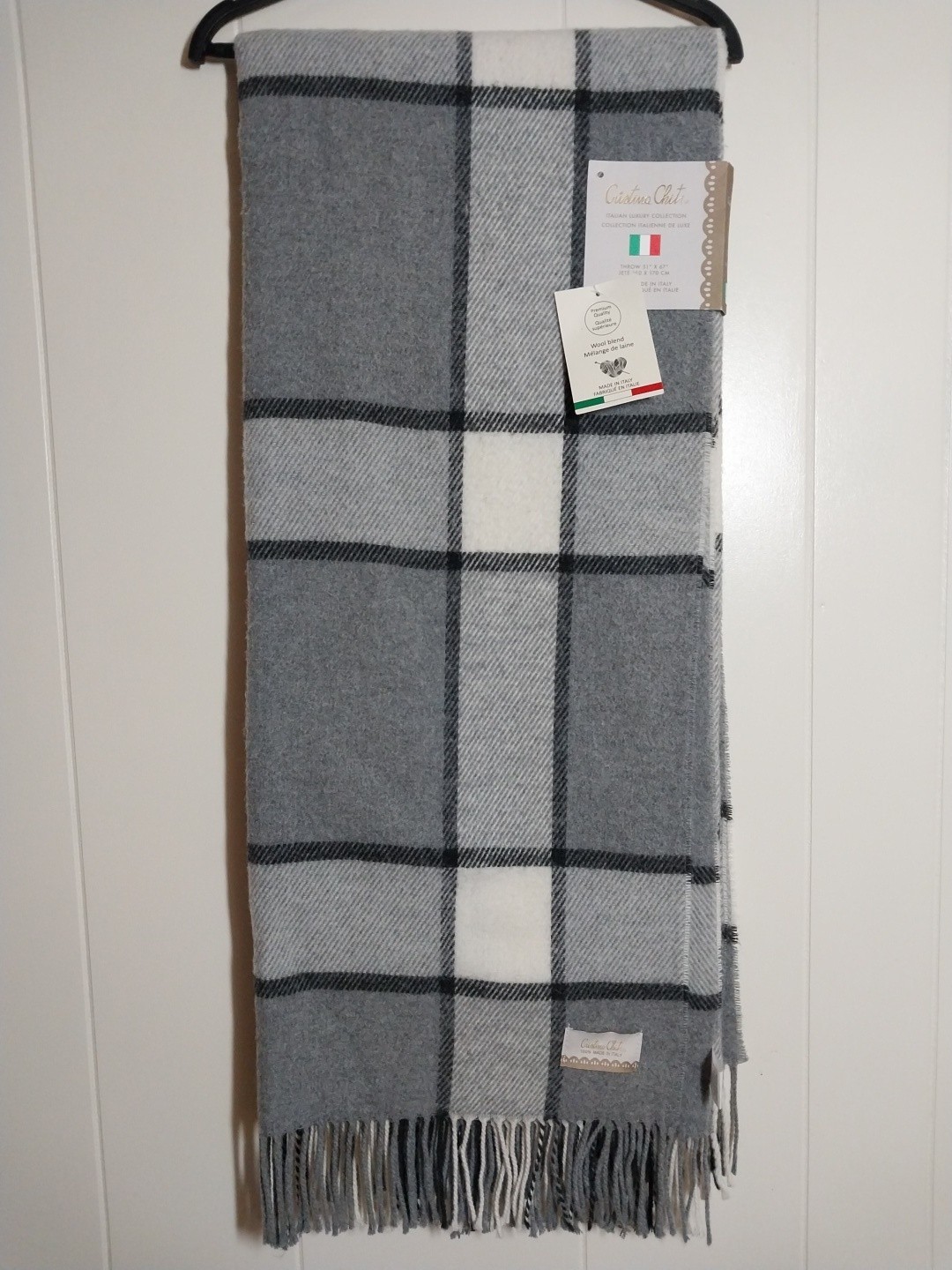 Cristina Chiti Italian Wool Blend Fringe Throw 51X67″ Gray Black White Plaid