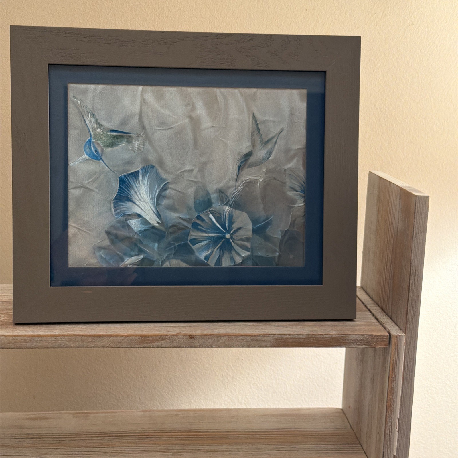 Framed Hummingbird Wall Table Art Blue Silver Floral Decor Modern Textured Print