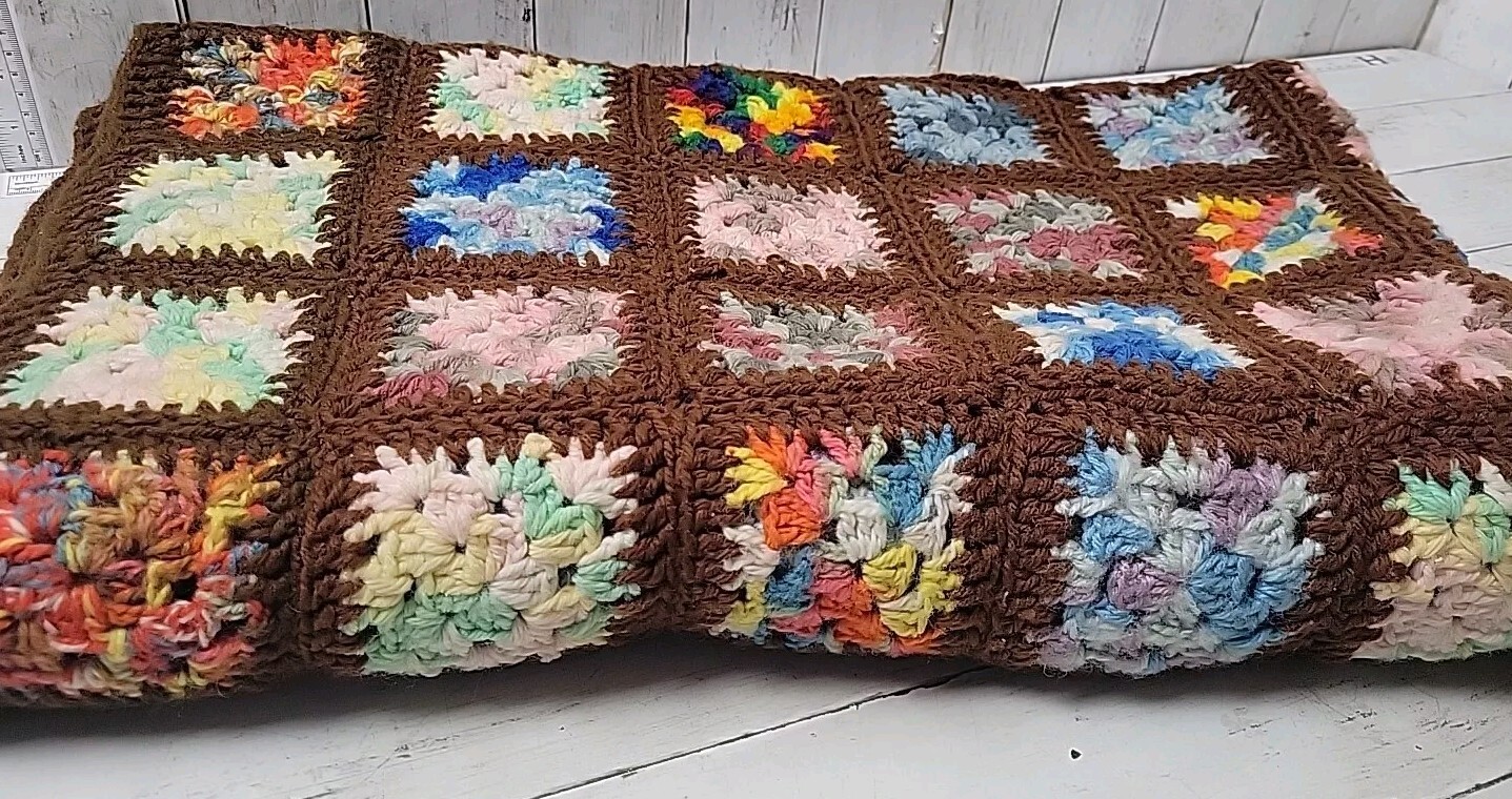 Vintage Granny Square Crochet Knitted Blanket Brown Multicolor 46″x 59″