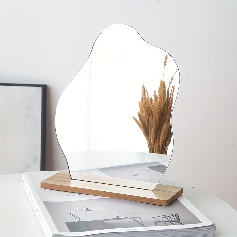 Irregular Decorative Tabletop Vanity Mirror with Wooden Base Bedroom Decor