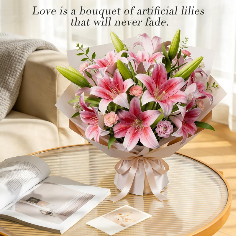 6 Bundles Lily Artificial Flowers Bouquet 13.7″ Long Stems 18 Silk Flowers Heads