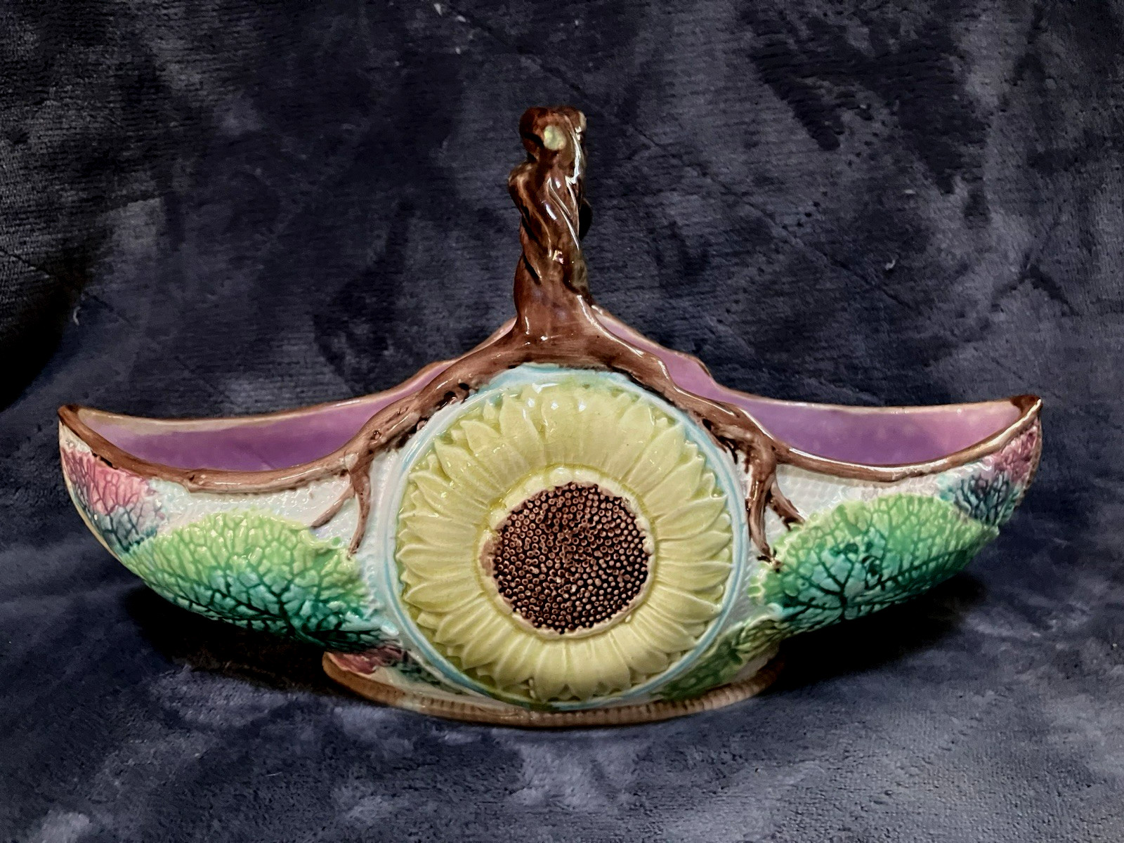 Victorian Era Majolica Ceramic Basket Sunflower Leaves 1880’s