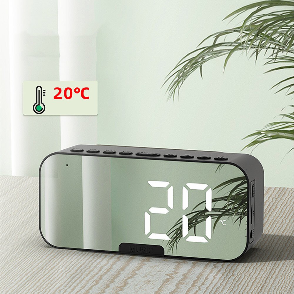 Portable Digital Alarm Clock FM Radio Wireless Bluetooth Mirror LED With Speaker