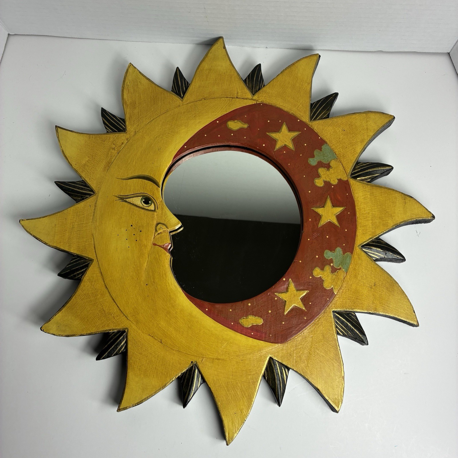 Vintage 1990’s Celestial Sun & Moon Hand-Painted Wooden Mirror 16 X 16