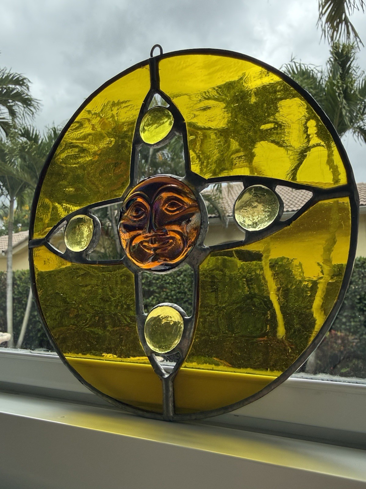 Vintage Stained Glass Sun Face Suncatcher Amber Leaded Glass Window Hanging
