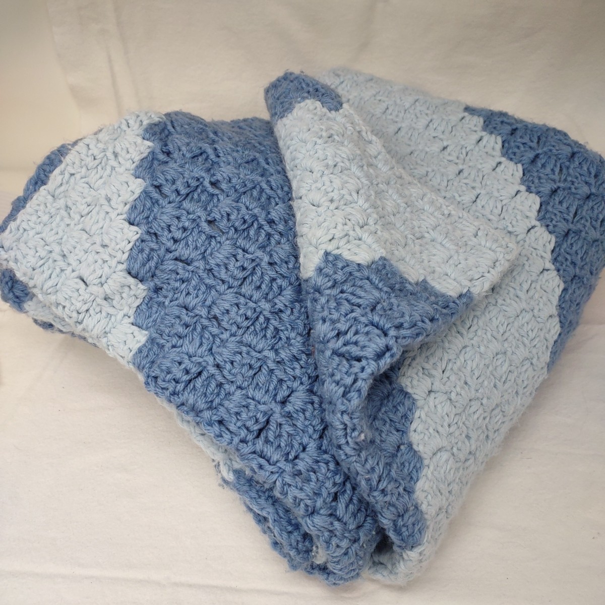 Vintage Crochet Afghan Blanket Throw Diagonal Stripe Light & Dusky Blue 60×70 in
