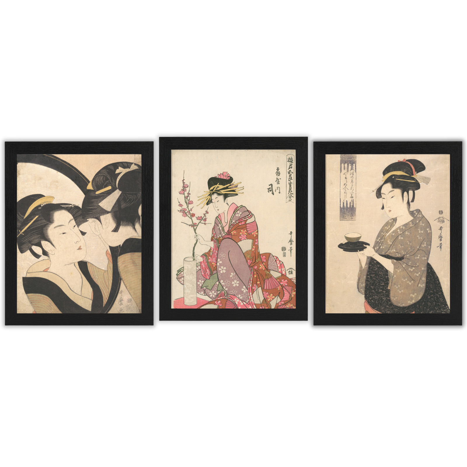 Set of 3 Framed Wall Art 8×10 Japanese Vintage Decor Asian Traditional Art Gift