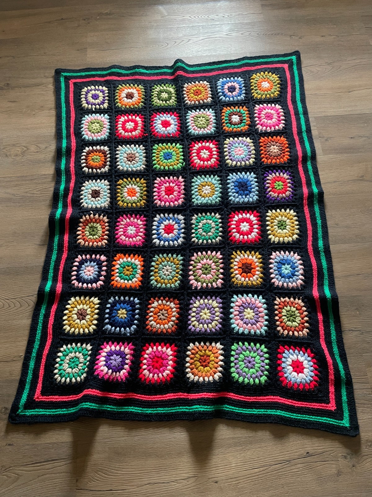Granny Square Afghan Hand Crochet Multi-Color Black Throw Blanket 54″ x 40″