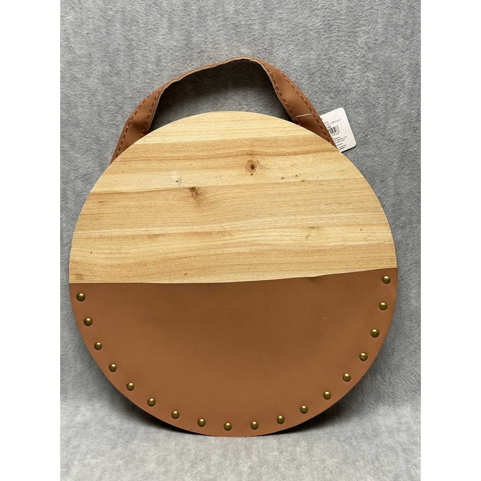 Place & Time Wall Decor Mail Organizer Wood Faux Leather Studded Round 13.6in