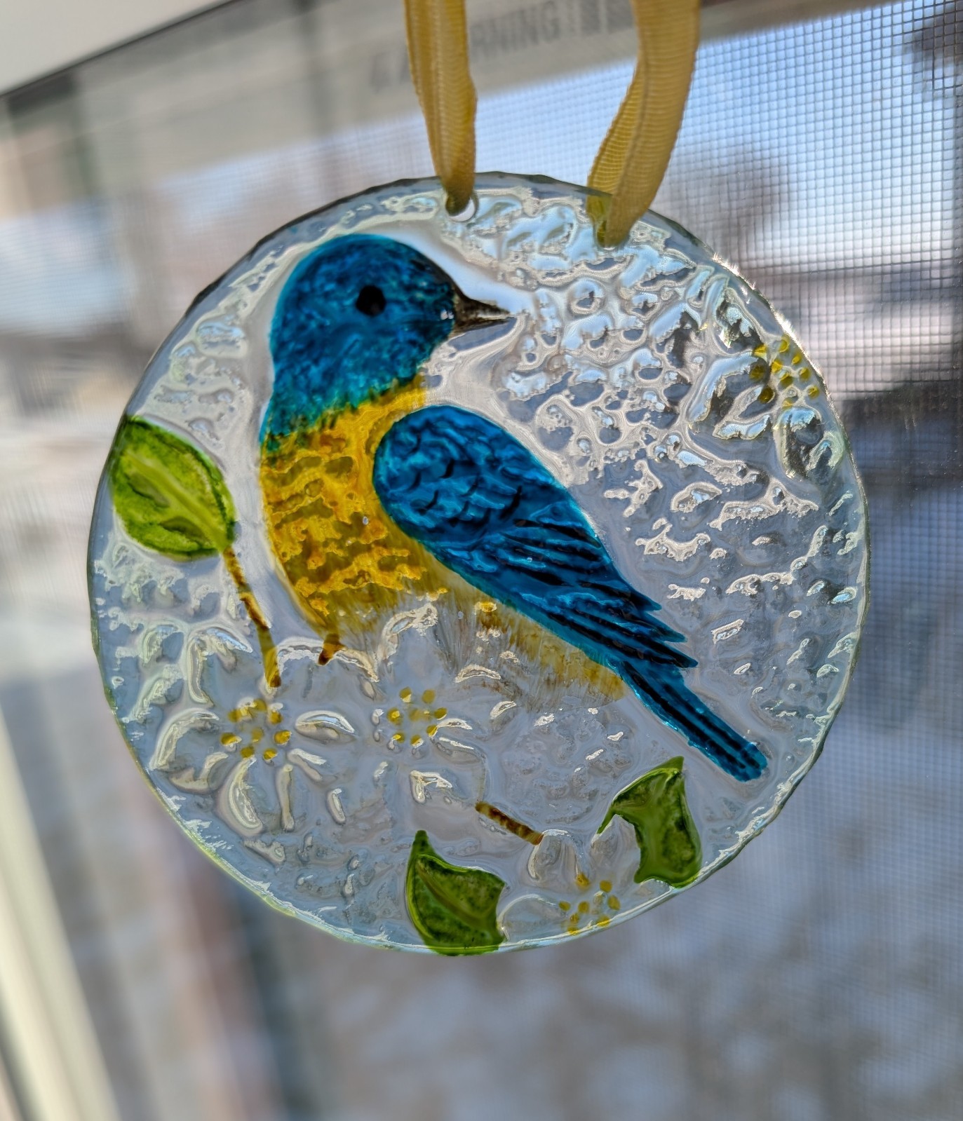Fused glass ornament blue bird suncatcher round flowers floral bluebird yellow